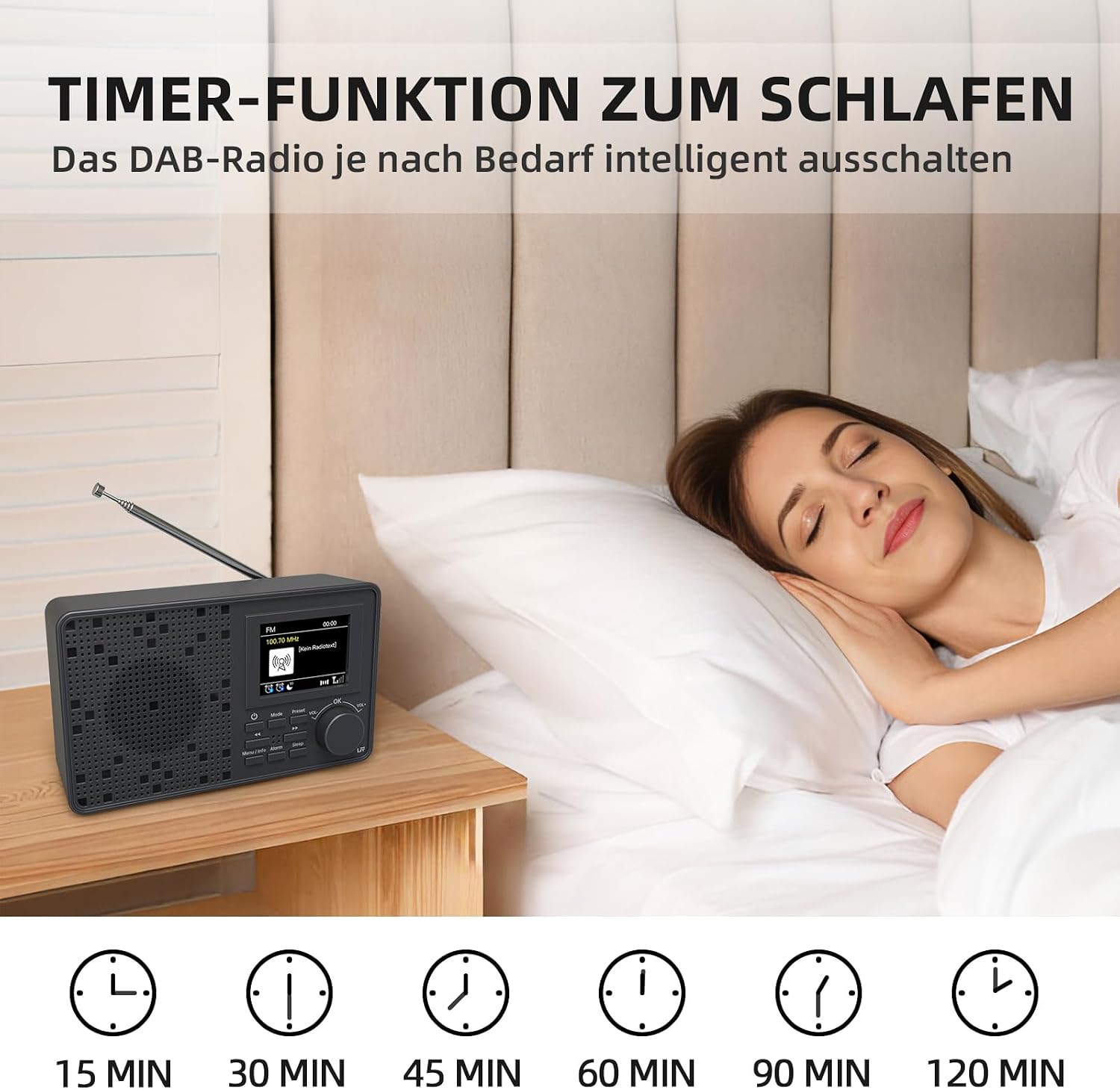 LFF DAB Radio back view with dimensions, battery compartment, and power input