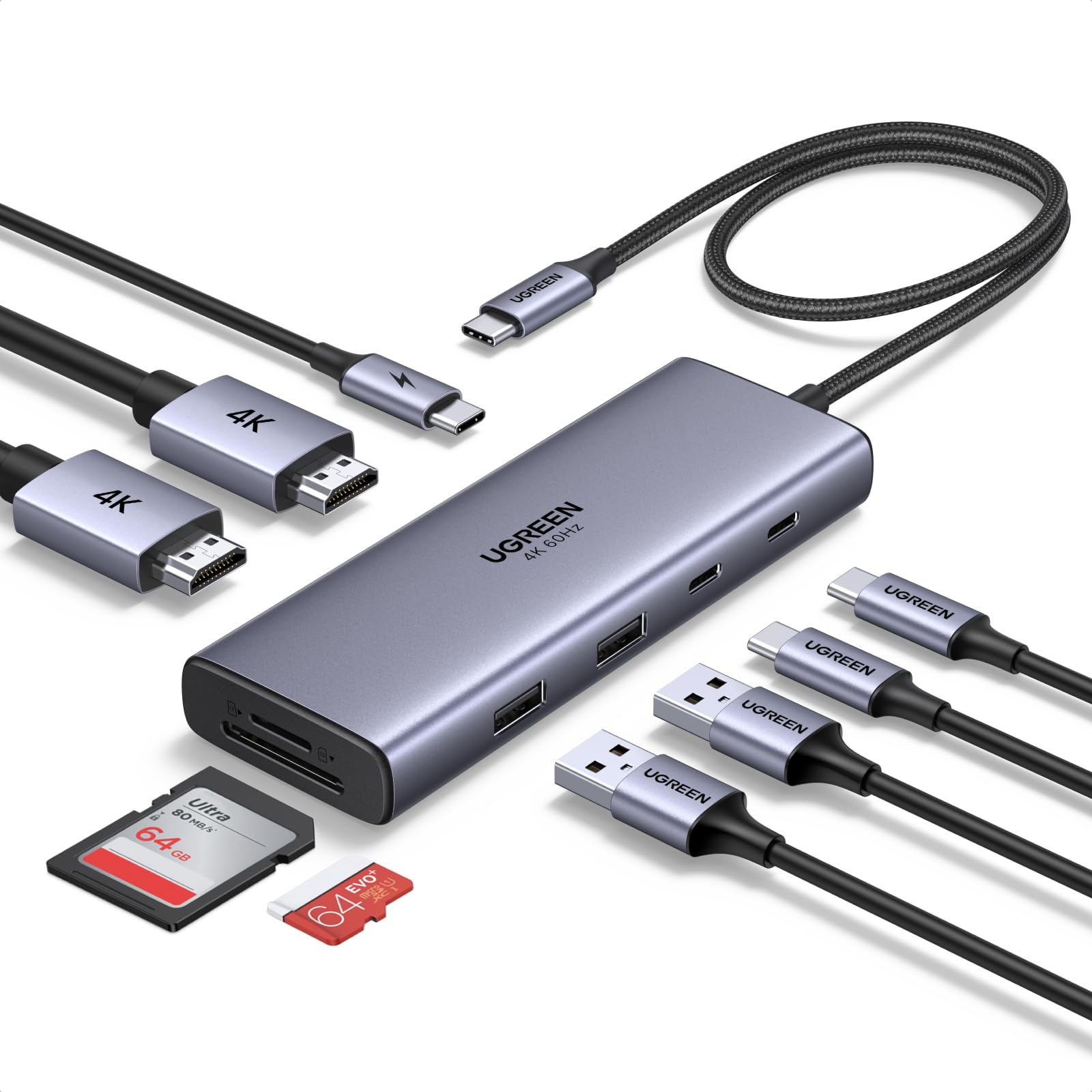UGREEN Revodok USB C Hub 2 HDMI mit SD/TF Kartenleser 170MB/s, Docking Station 2 Monitore mit Dual HDMI 4K@60Hz, Kabellänge 40cm, 5Gbps USB Datenports, PD 100W Kompatibel mit Windows Laptops