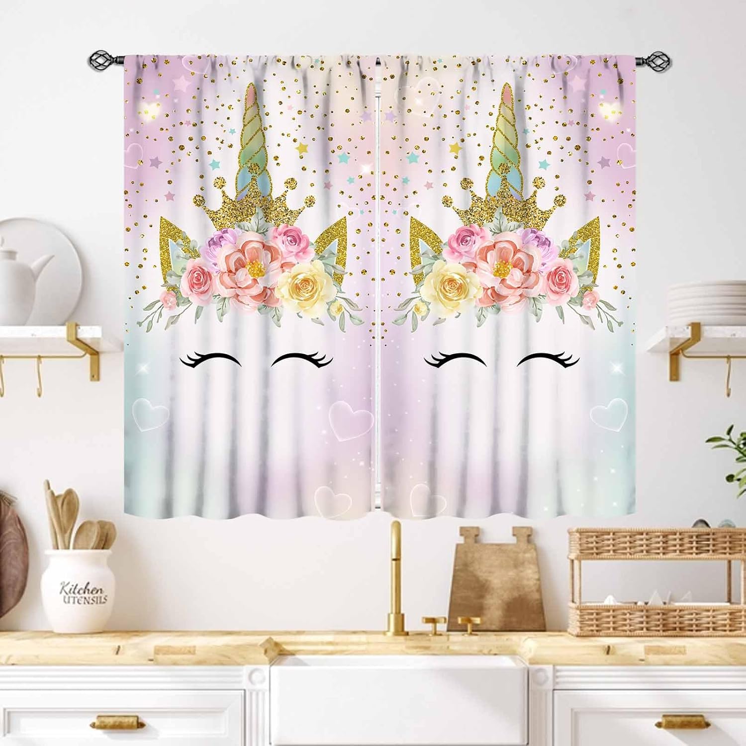 Castle Curtains for Girls Room,Fantasy Magic Castle Pink Cherry Floral Rainbow Window Treatments for Kids Girls Bedroom Living Room Nursery Drapes 2 Panel,63X72 Inch