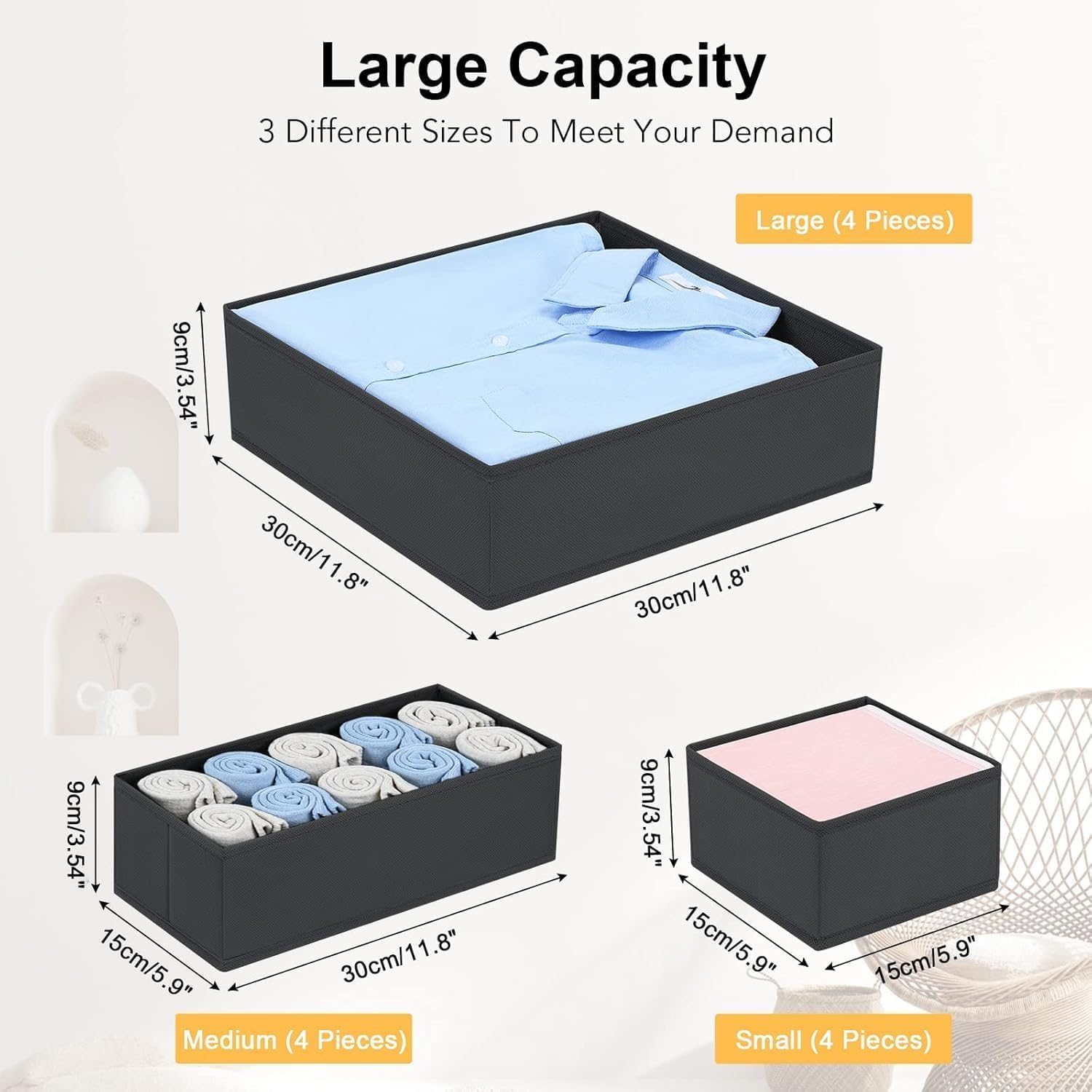 Homsorout Wardrobe Underwear Organiser - Set of 12 Pax Organiser | Drawer Organiser, Foldable Storage Box, Fabric Storage, Suitable for Chest of Drawers, Socks, Bras, Baby Clothes, Black 12 pieces Black
