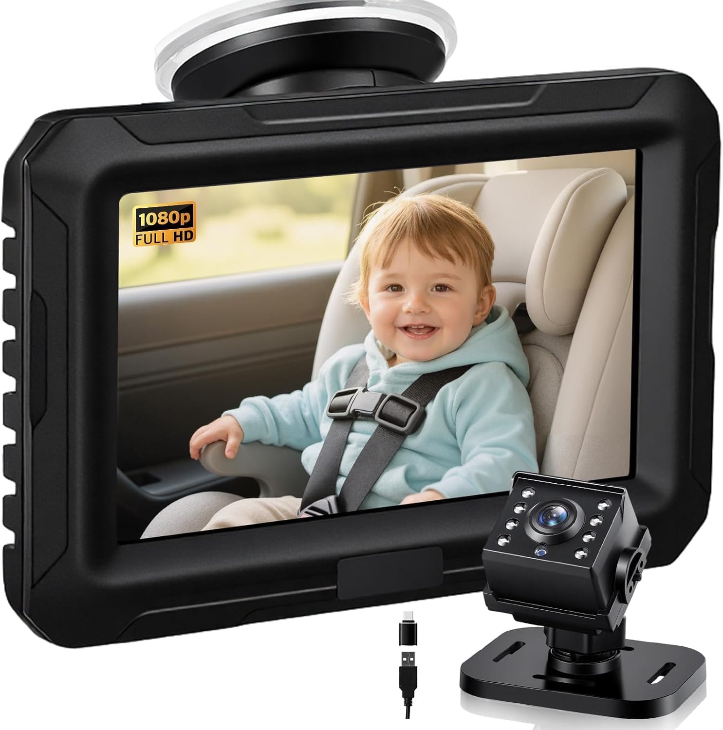 Zacro Baby Camera Auto, Specchio per auto, specchietto retrovisore per bambini, 1080P, USB-C Plug and Play, specchio per auto con visione notturna HD e angolo di visione di 150°, specchietto