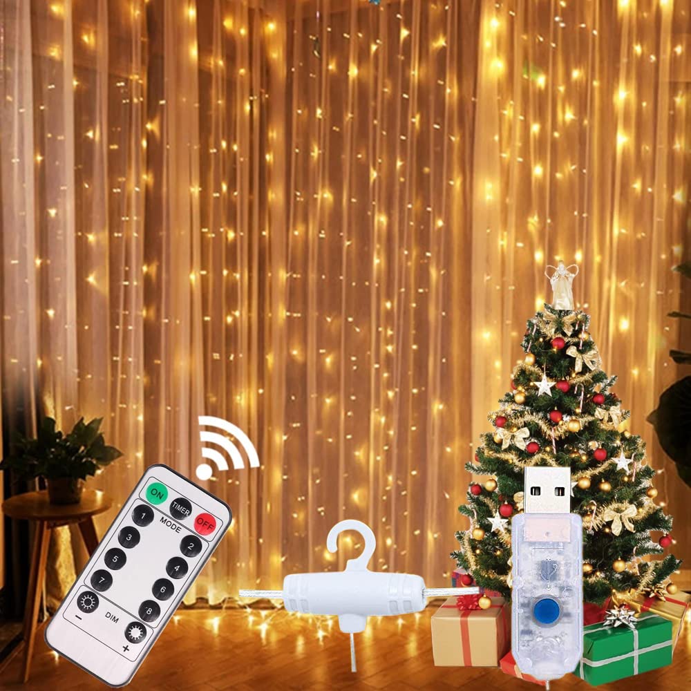 Beauenty 3M USB LED Curtain Light Fairy String Lights 8 Modes 3X3M Garland For New Year Christmas Outdoor Wedding Home Decor (Warm White)
