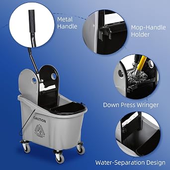 HOMCOM 9.5 Gallon (38 Quart) Mop Bucket with Wringer Cleaning Cart Grey