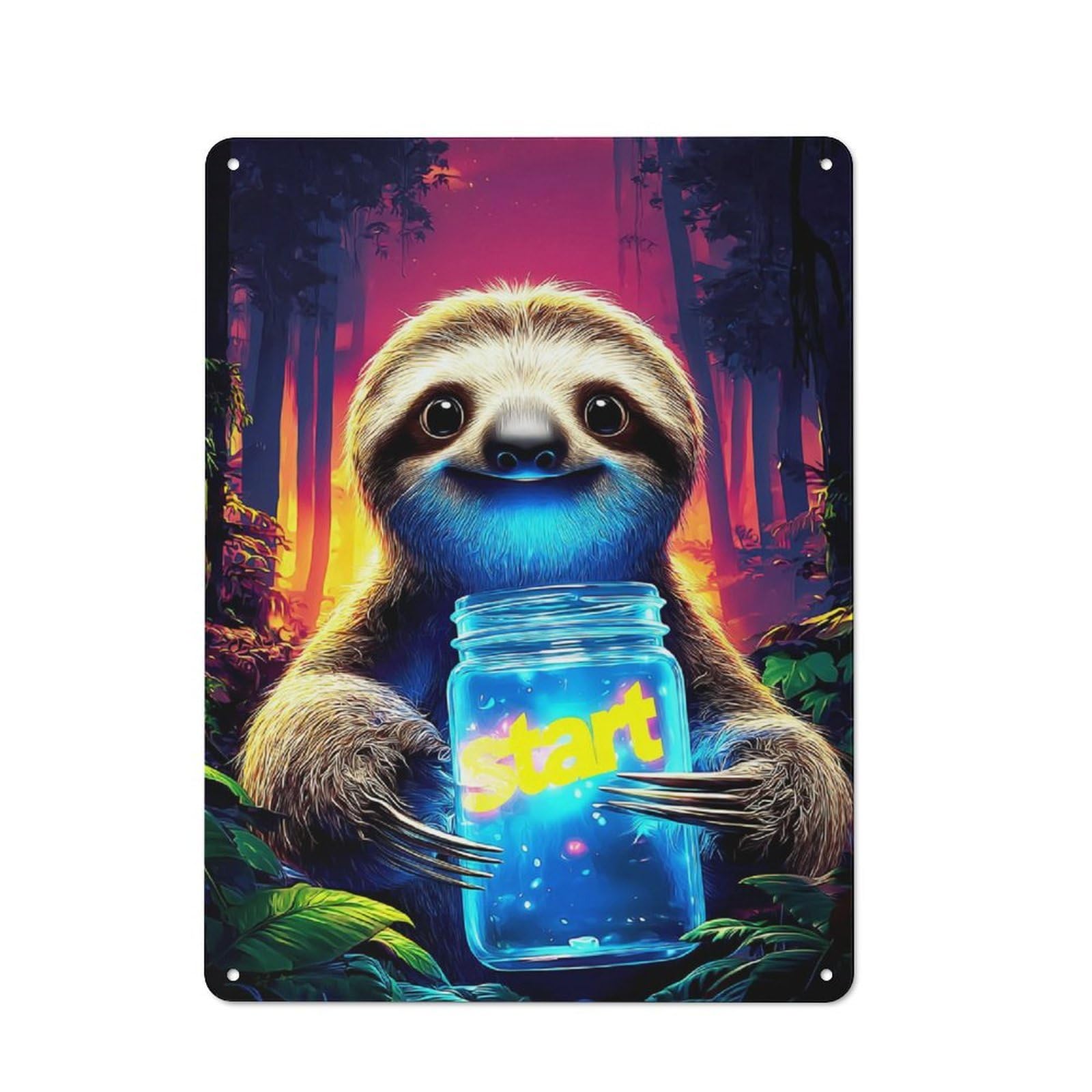 Junmoney Sloth Holding 'Start' Jar In Forest Rustic Tin Sign 40X30cm Featuring For Living Room Wall, For Metal Sign Collectors, For Garage And Workshop Walls