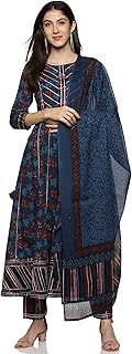 RAJMADIRFABRICS Women's Cotton Anarkali Kurta Pant & Dupatta Set