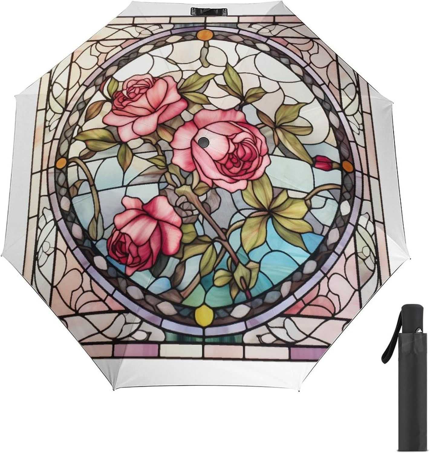 Victorian Stained Glass Pink Rose Folding Umbrella 3 Folds Auto Windproof Travel Umbrellas Strong Lightweight Umbrellas for Outdoor Sun Rain