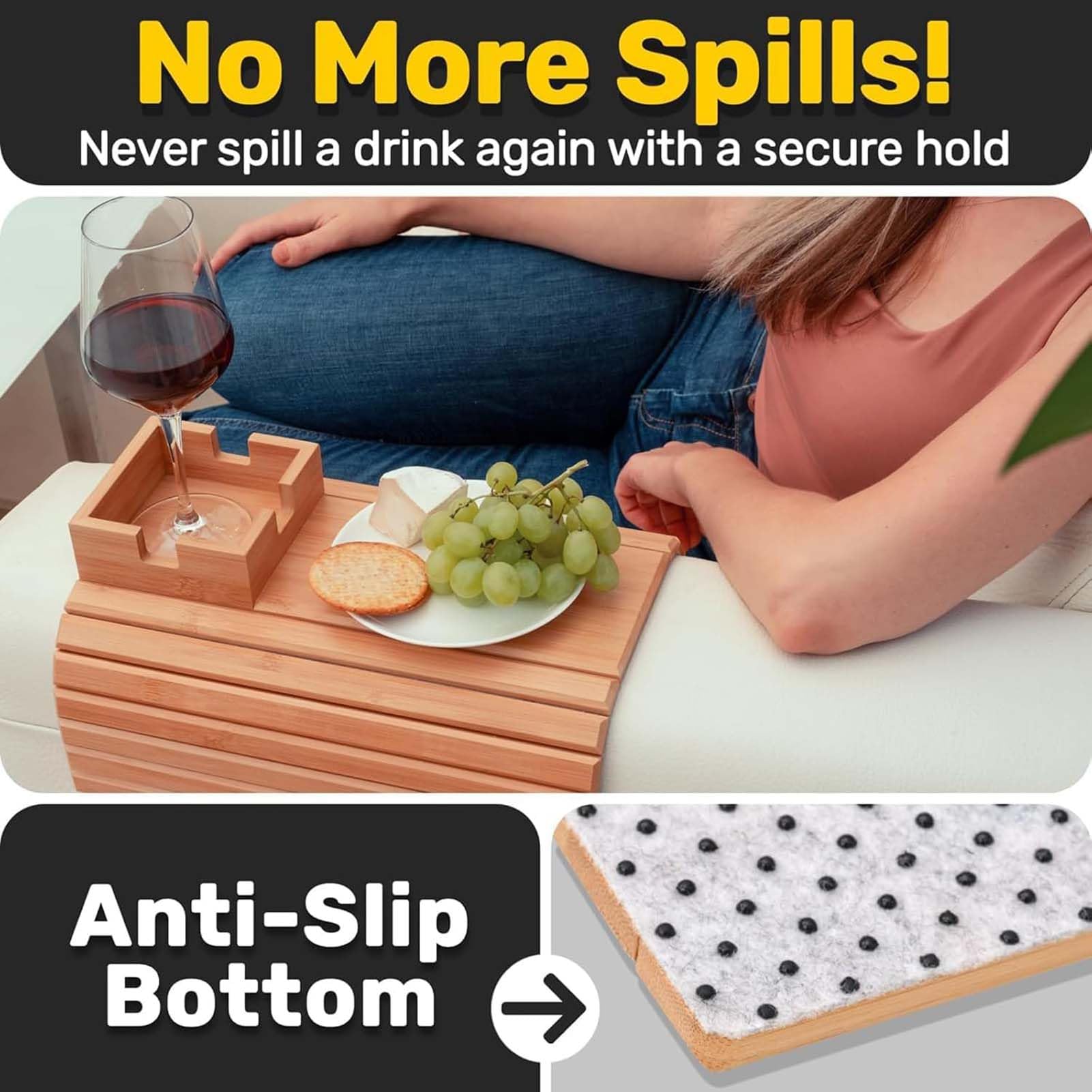 Soporte para tazas y bandeja para brazos, accesorio de sofá de madera antideslizante 2 en 1 para aperitivos, mandos a distancia, teléfono celular, perfecto compañero de sofá