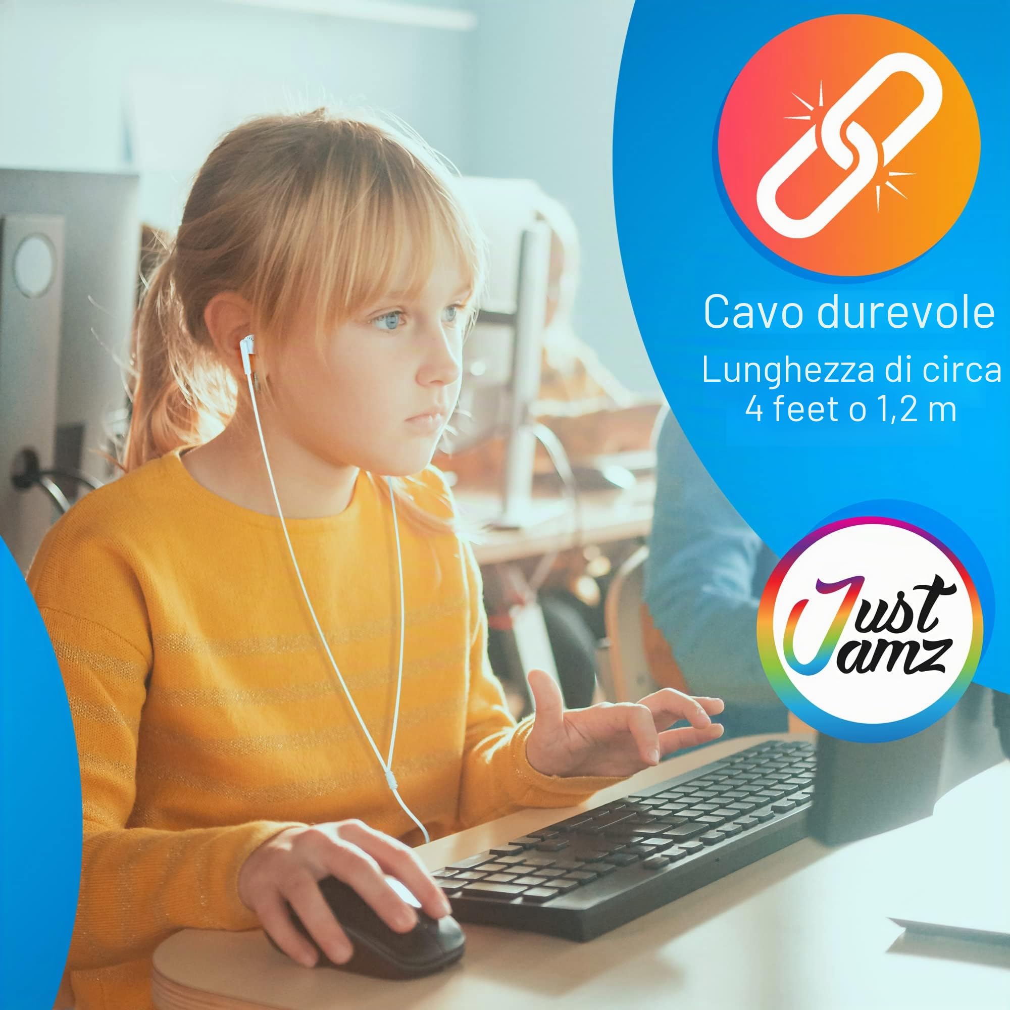 JustJamz | Confezione da 100 auricolari basici, auricolari in-ear bianco perla, cuffie usa e getta, set di auricolari per studenti
