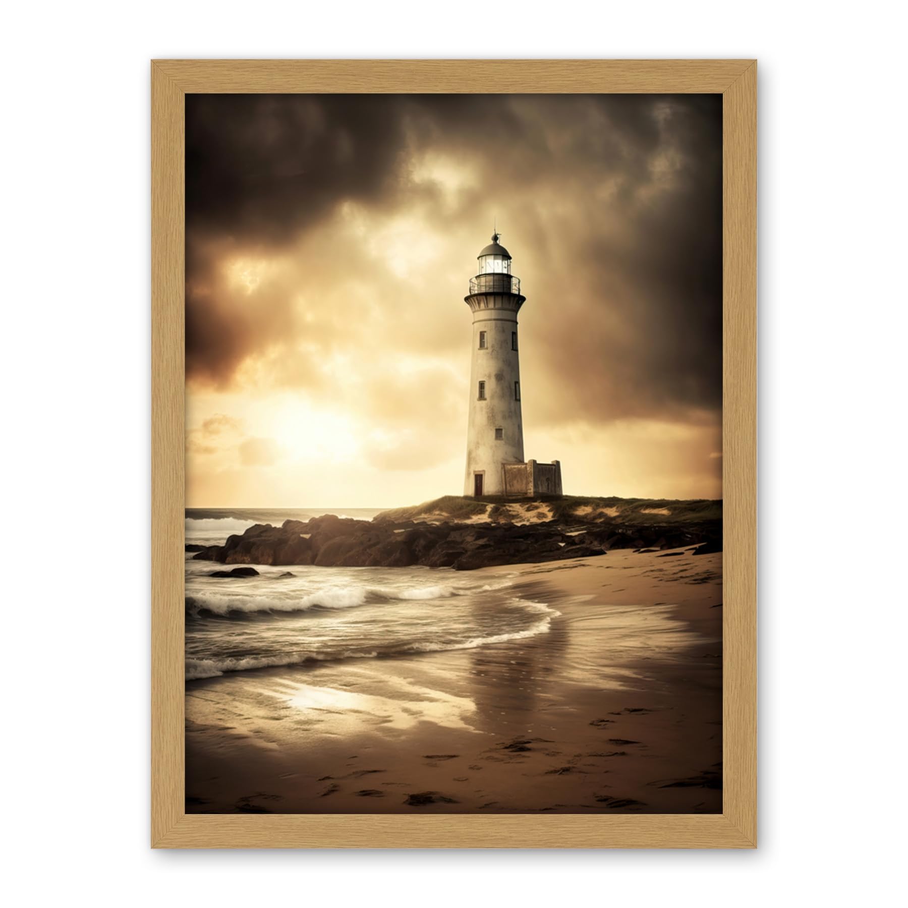 Artery8 Atmospheric Lighthouse Photo Beach Sepia Photograph Atmospheric Sunset Seascape Artwork Framed Wall Art Print 18X24 Inch