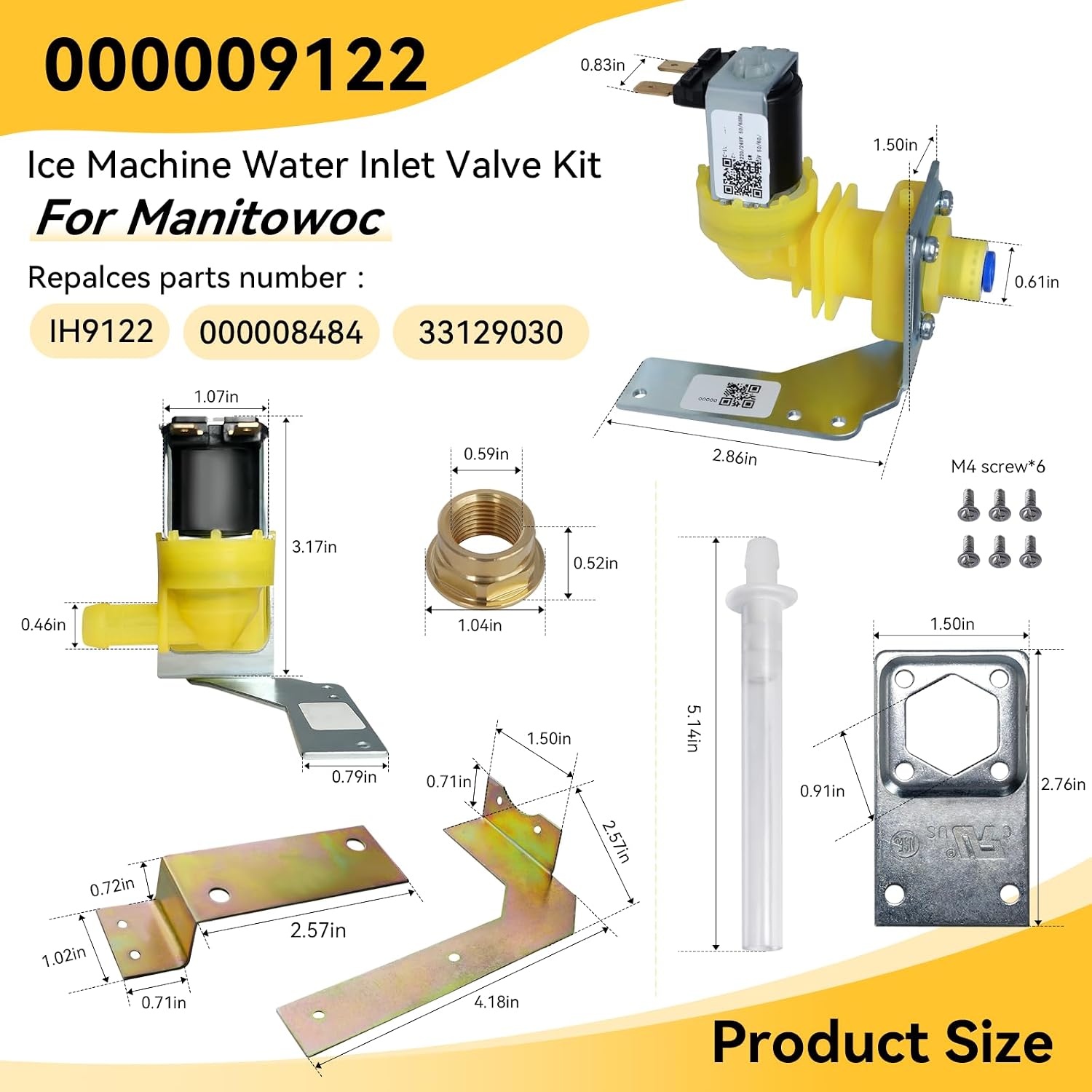 000009122 Ice Machine Water Inlet Valve Kit Compatible with Manitowoc Ice Machines, Replacement Part 000008484 33129030 IH9122, 3-Year Warranty