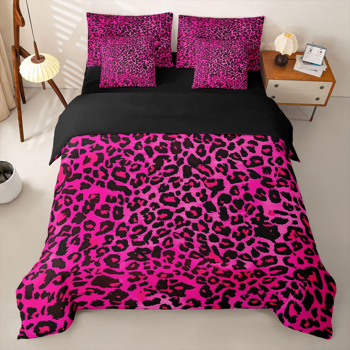 Loussiesd Set di biancheria da letto per bambini con stampa leopardata rosa acceso, per letto singolo, 7 pezzi, per bambini, ragazzi, ragazze, safari, con copripiumino, lenzuola, federe, federe