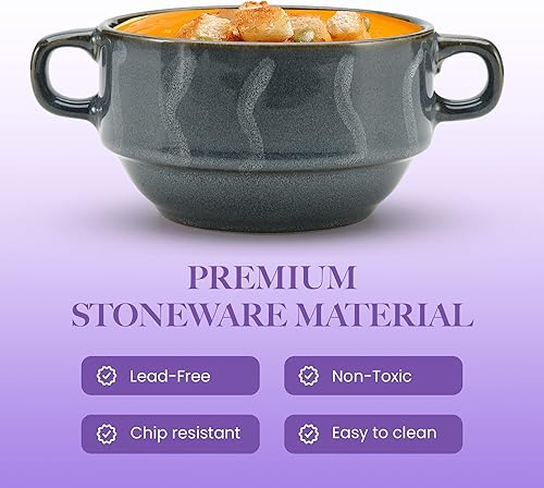 Miniatura 3 de American Atelier Tazones de sopa con asas, juego de 4, cuencos de sopa de cebolla francesa glaseada de 16 onzas, cuencos apilables para guisos,