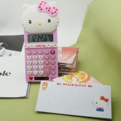 Miniatura 6 de Calculadora Kawaii Kitty con bloc de notas, 8 dígitos con pantalla LCD, calculadora de escritorio de gato rosa con energía solar y batería,