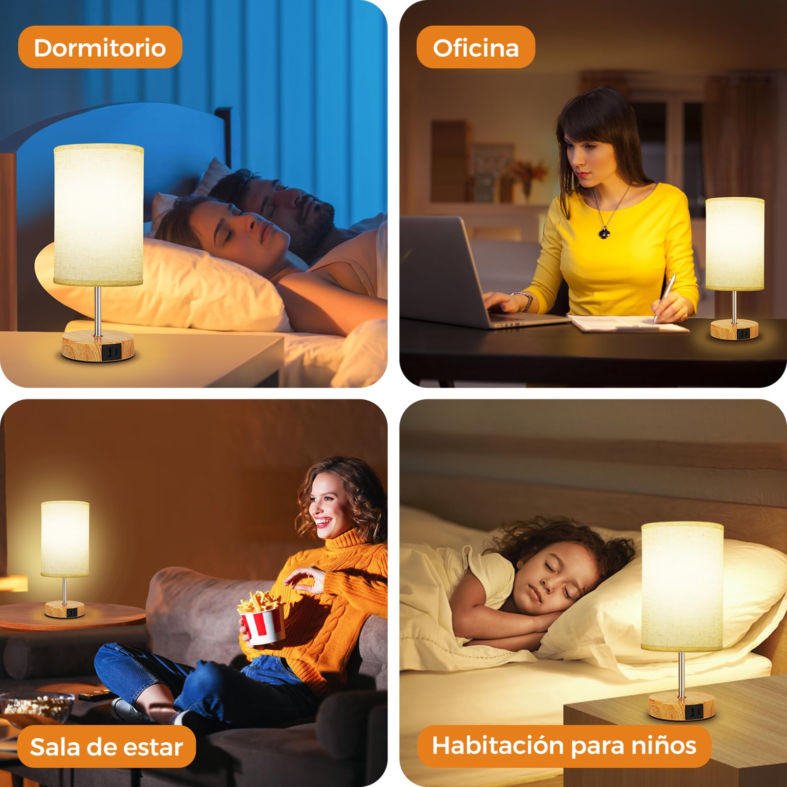 Suright Lámparas de Mesita de Noche Táctil Regulable, Lámpara de Mesa con Puertos de Carga USB A+C, Pantalla de Tela de Lino, Lámpara de Noche Pequeña para Dormitorio Salón (Bombilla Incluida)