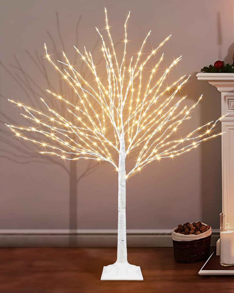 Caplidou 4 FT Lighted Birch Tree, White Birch Tree with 432 LED Lights Artificial Light Up Birch Twig Christmas Tree with Timer for Home Porch Yard Mantel Outdoor Indoor Party Decor
