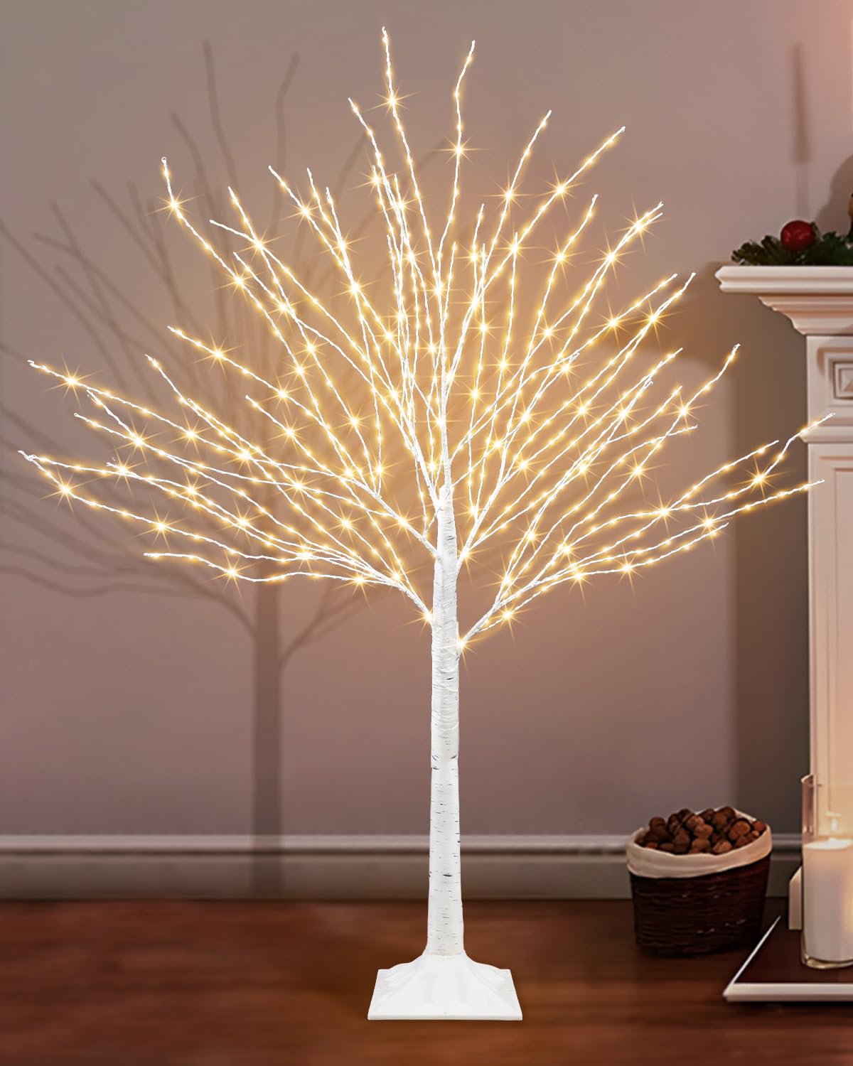 4 FT Lighted Birch Tree, White Birch Tree with 432 LED Lights Artificial Light Up Birch Twig Christmas Tree with Timer for Home Porch Yard Mantel Outdoor Indoor Party Decor