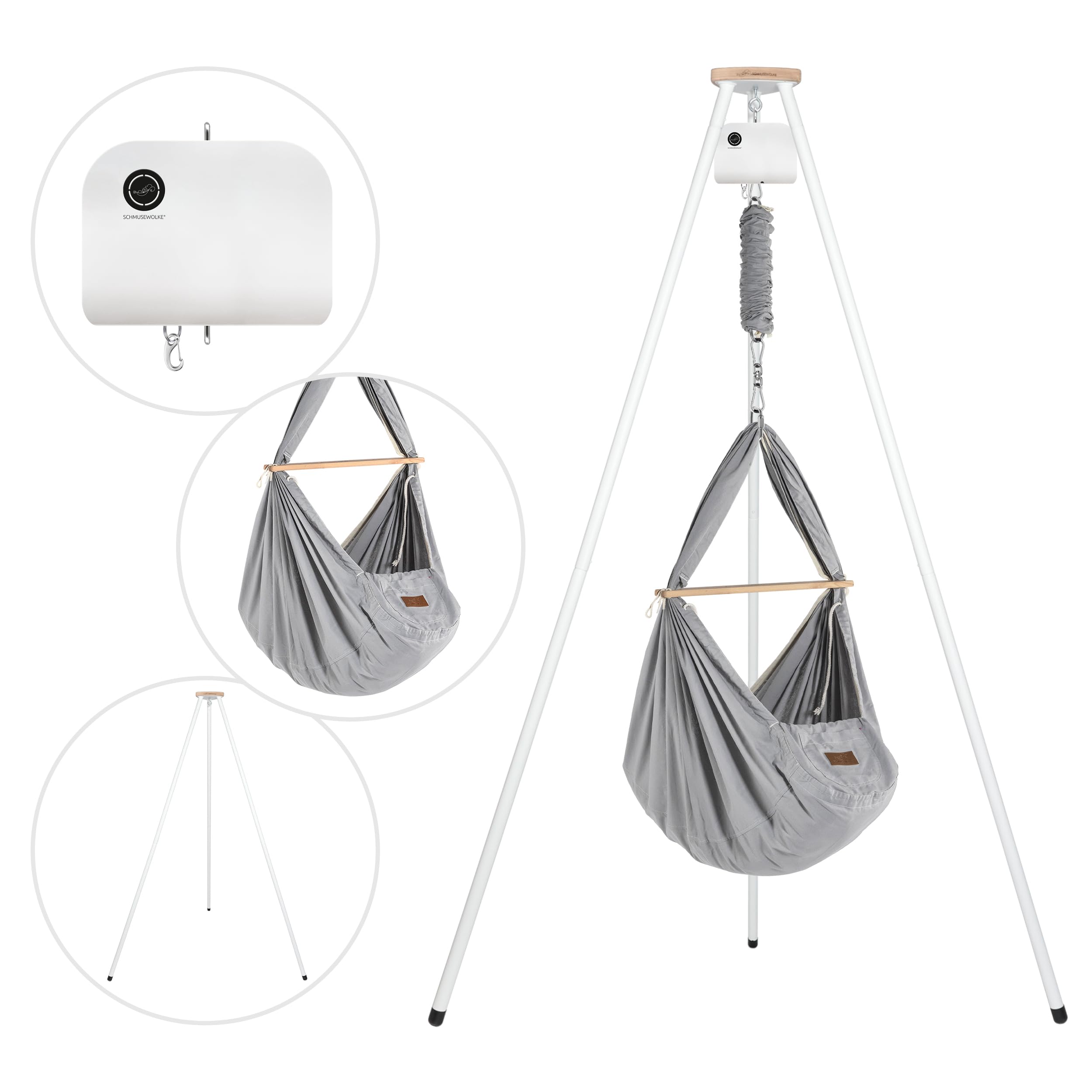 SCHMUSEWOLKE Berceau à ressorts, BioGrey, avec moteur et tipi blanc, hamac pour bébés et tout-petits de la naissance à 3 ans, coton biologique, avec matelas en laine de mouton