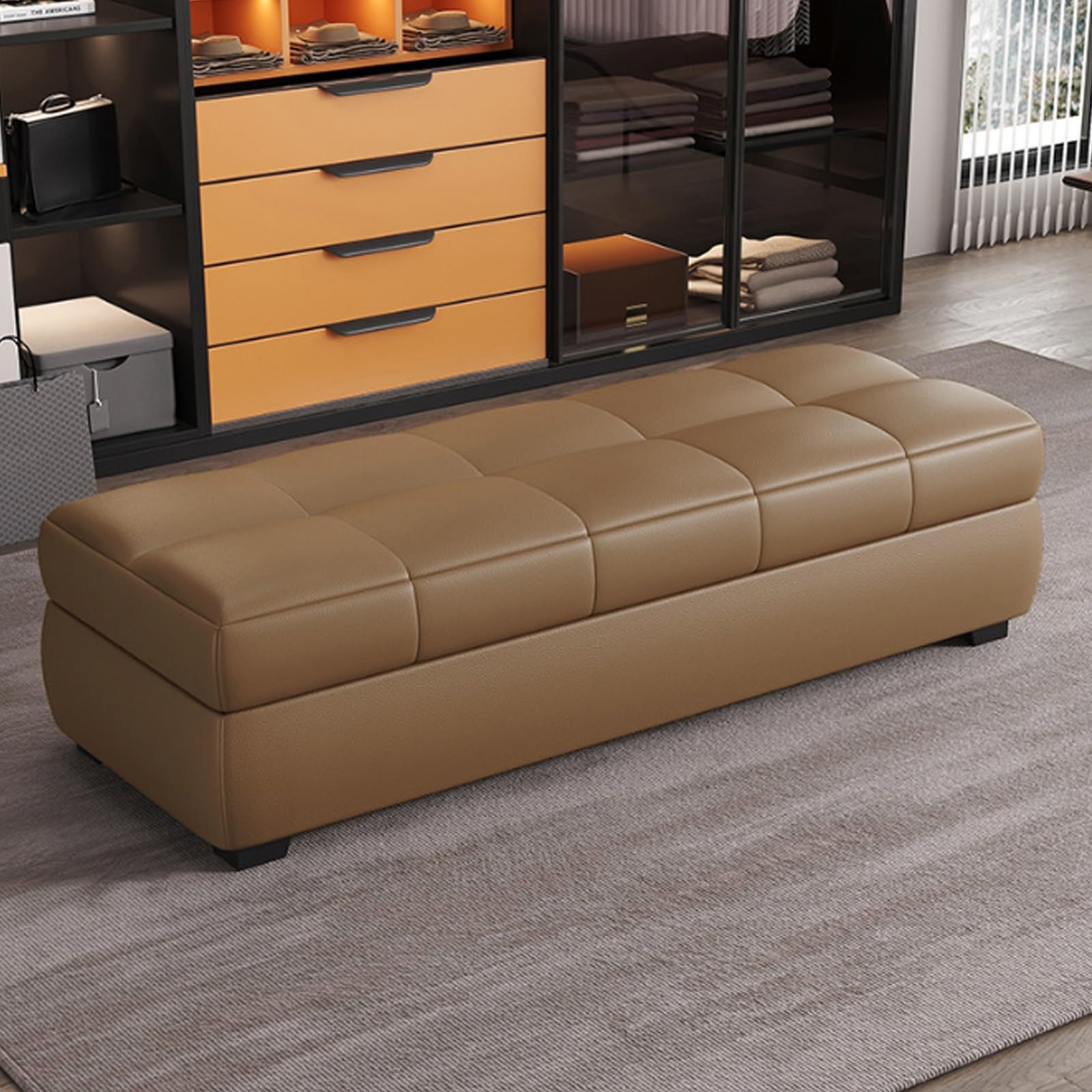 Banco otomano de cuero con tapa abatible y baúl organizador de madera