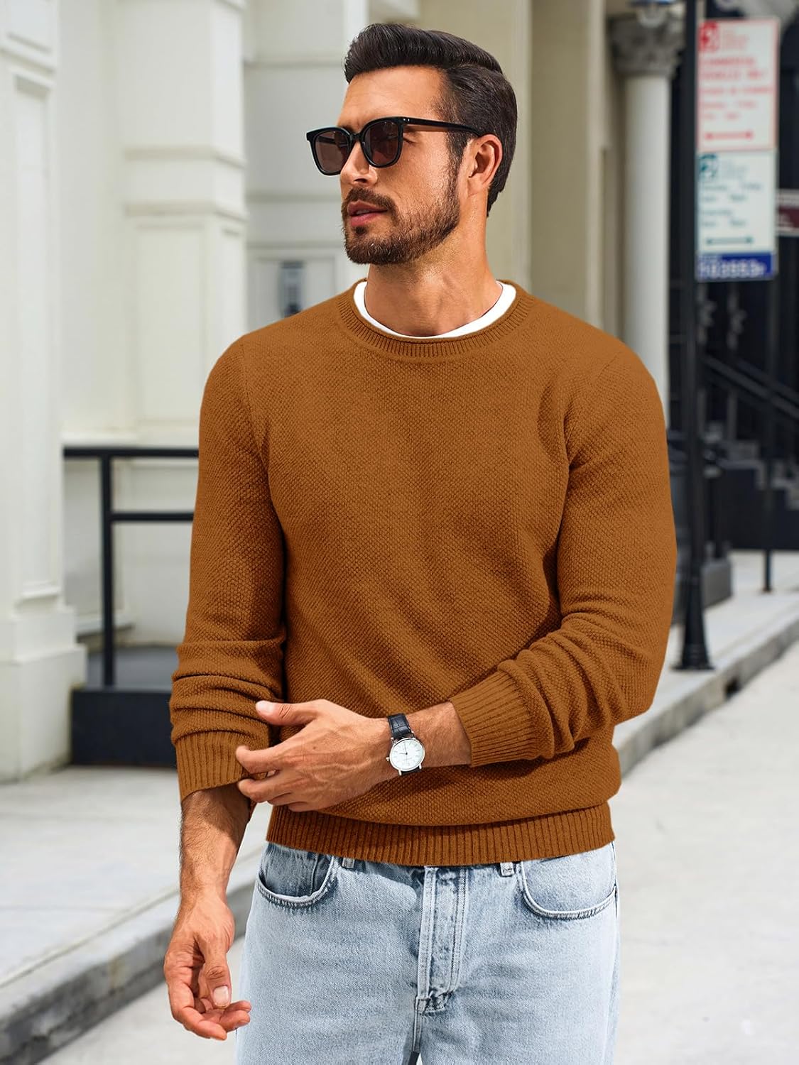 Runcati Mens Crewneck Sweater Casual Textured Knitted Thermal Pullover Sweaters - Image 3
