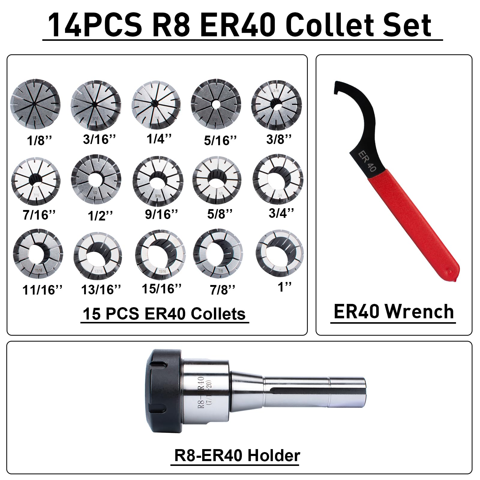 JAHEZYAN R8 ER40 Collet Holder Chuck Kit with 15 PCS ER40 Collets, R8 End Mill Collet Set
