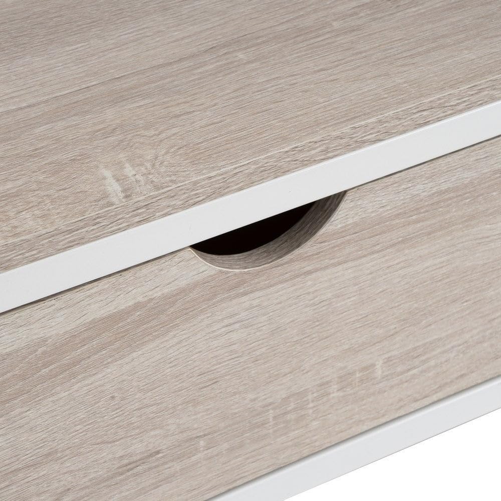 LOLAhome Mueble de TV de Acero y Tablero Blanco y Natural de 120x39x57 cm | Diseño industrial con 2 cajones para un salón organizado. Superficie amplia y almacenaje discreto para tus dispositivos.