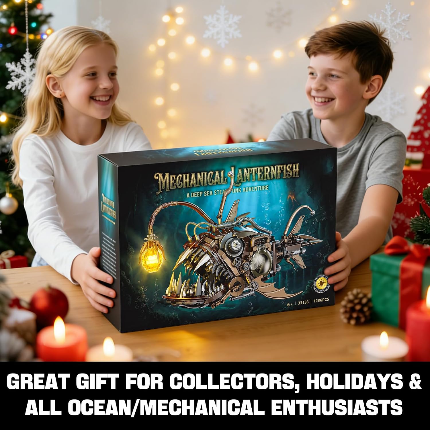 Mechanical Angler Fish Building Set with Lights, 1236PCS Movable Lantern Fish Building Blocks Collection Toy for Home Office Decor, Compatible with LEGO Fish, for Adults Boys 6-14