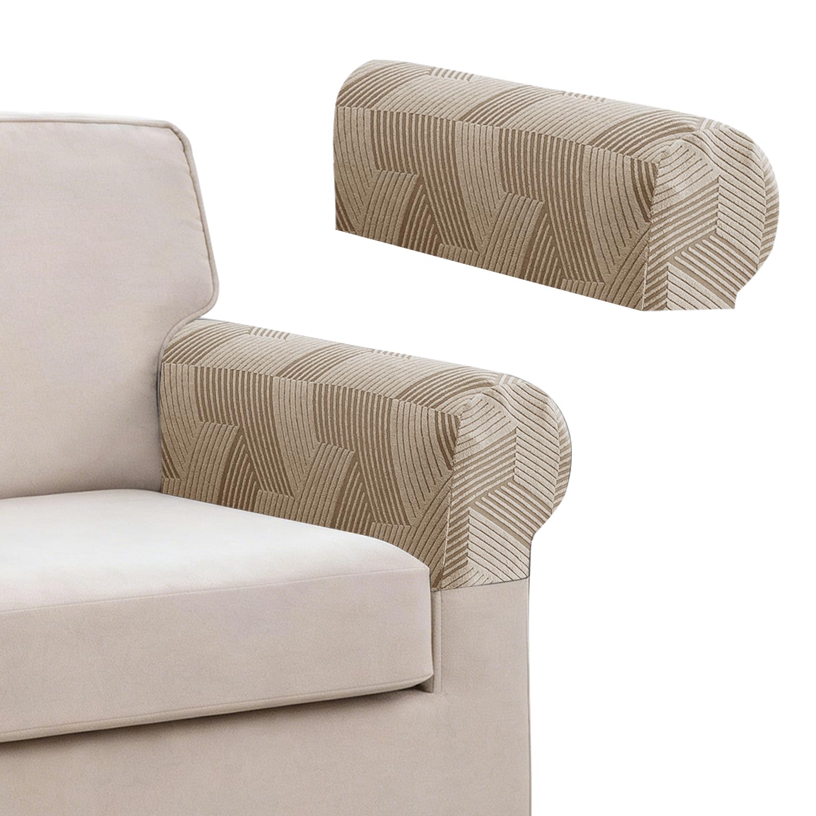XINEAGE 2 Pcs Armchair Covers, Stretch Arm Rest Covers Non Slip,Washable Armrest Cover Protector for Sofa, Couch Feature Geometrical Jacquard Fabric,Khaki