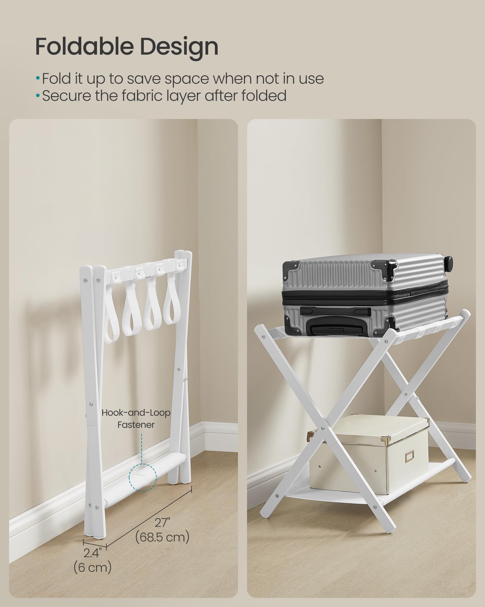 SONGMICS Lot de 2 porte-bagages pour chambre d'amis, support de valise avec étagère de rangement, cadre en acier, pliable pour un rangement facile, hôtel, chambre à coucher, blanc nuage URLR003W02