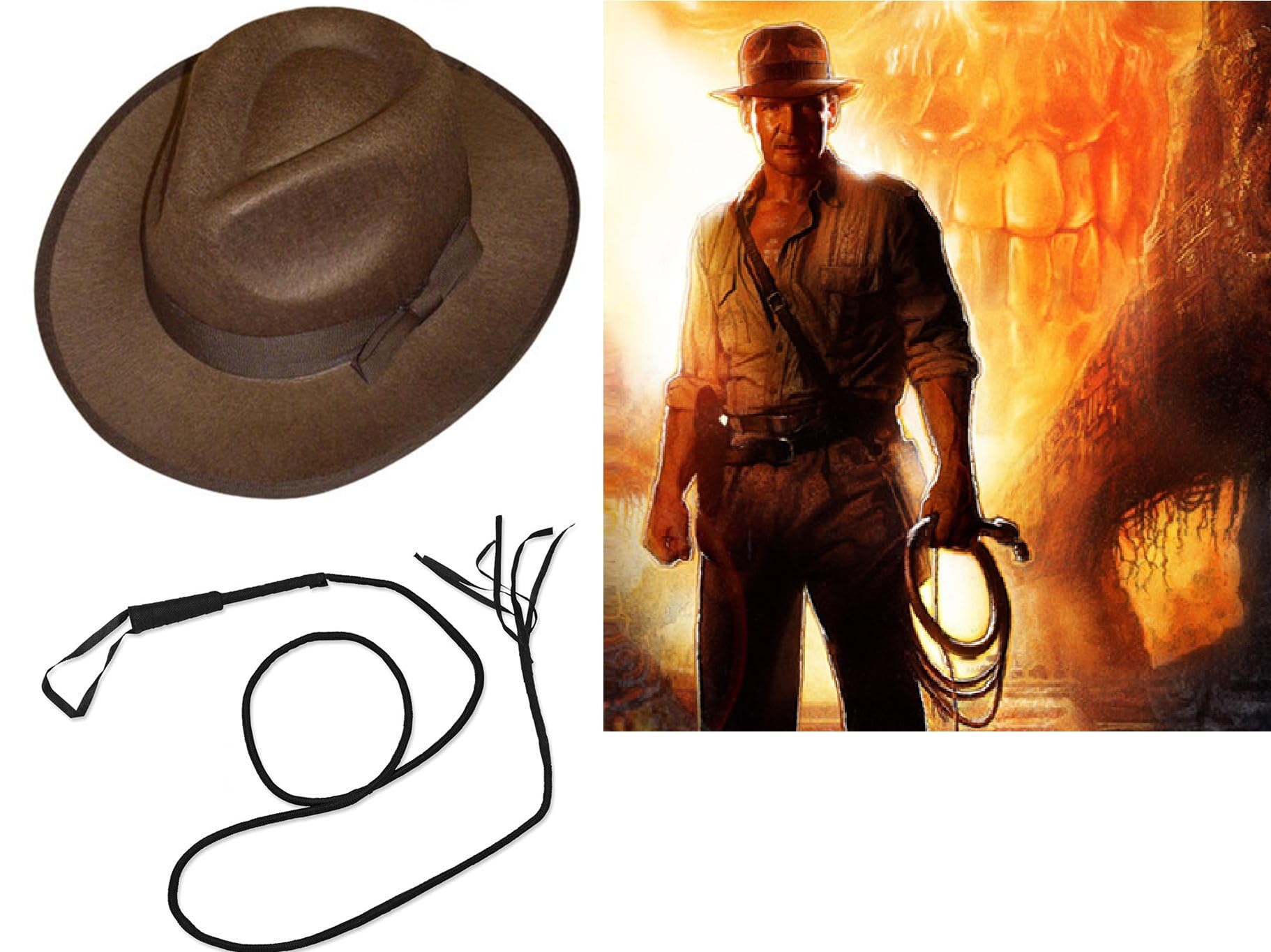 Indiana Jones Style Brown Explorer Hat and Bull Whip Fancy Dress Accessories