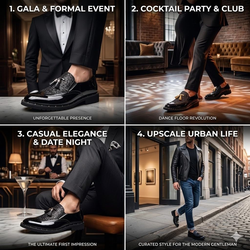 Mocasines de Charol con Purpurina para Hombre Zapatos de Vestir con Borlas Estilo Brogue Brillantes para Boda Fiesta