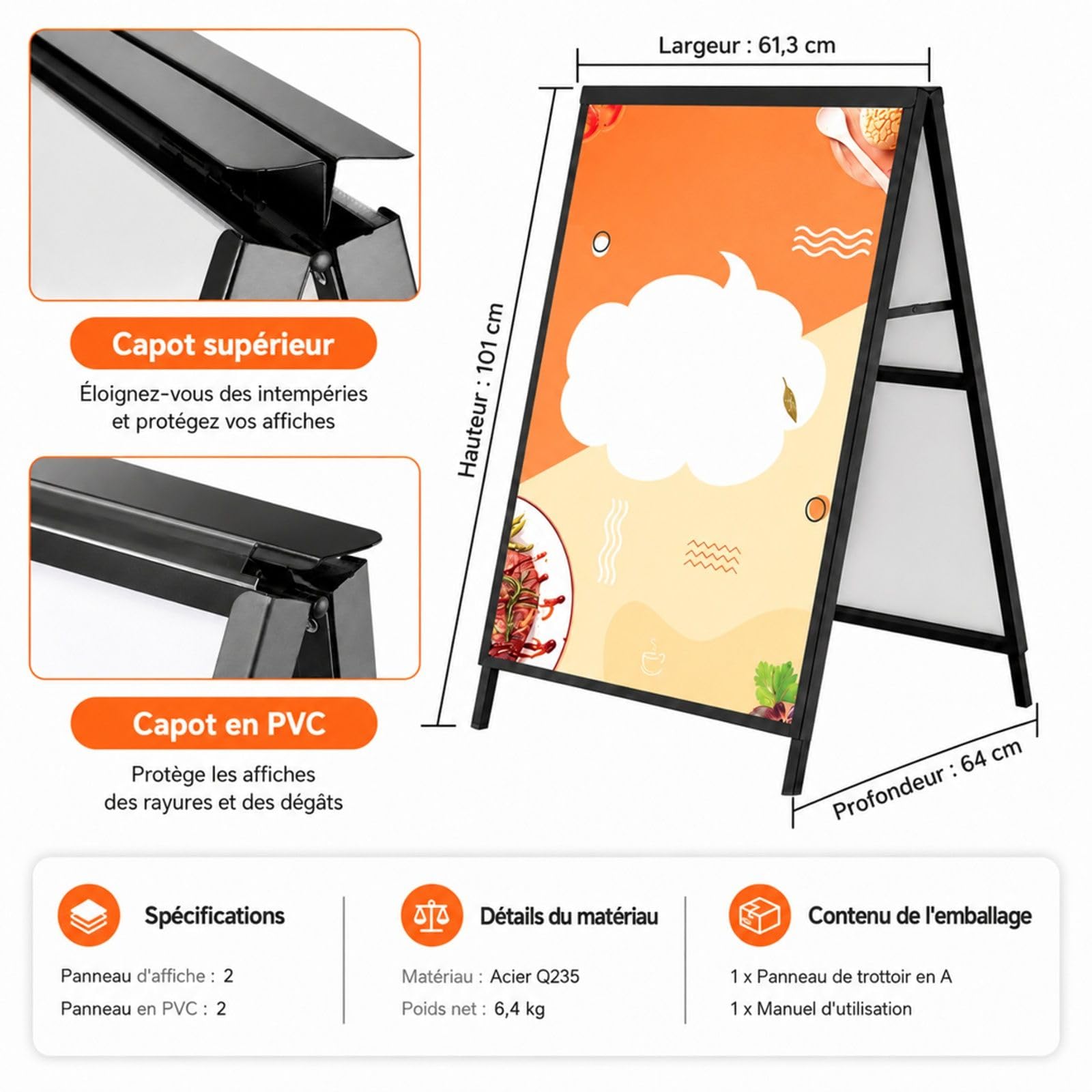 Chevalet stop trottoir double face pliable en acier, porte-affiche portable pour restaurants, bars, cafés et expositions