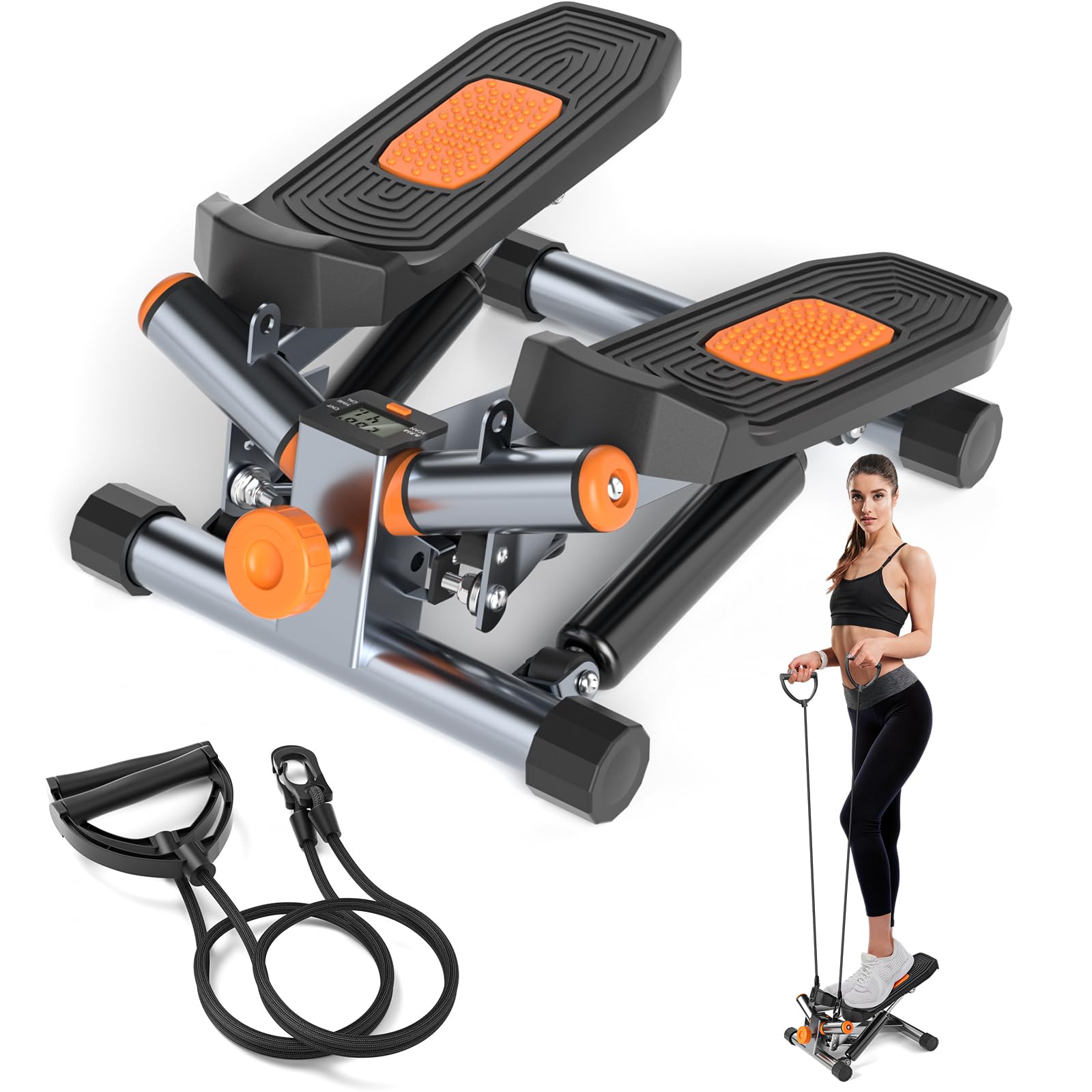 Mini Stepper for Exercise, Stair Steppers Machine with Resistance Bands, Digital Monitor, Optional Twist Motion Stepper with 350lbs Weight Capacity & Super Quiet Design