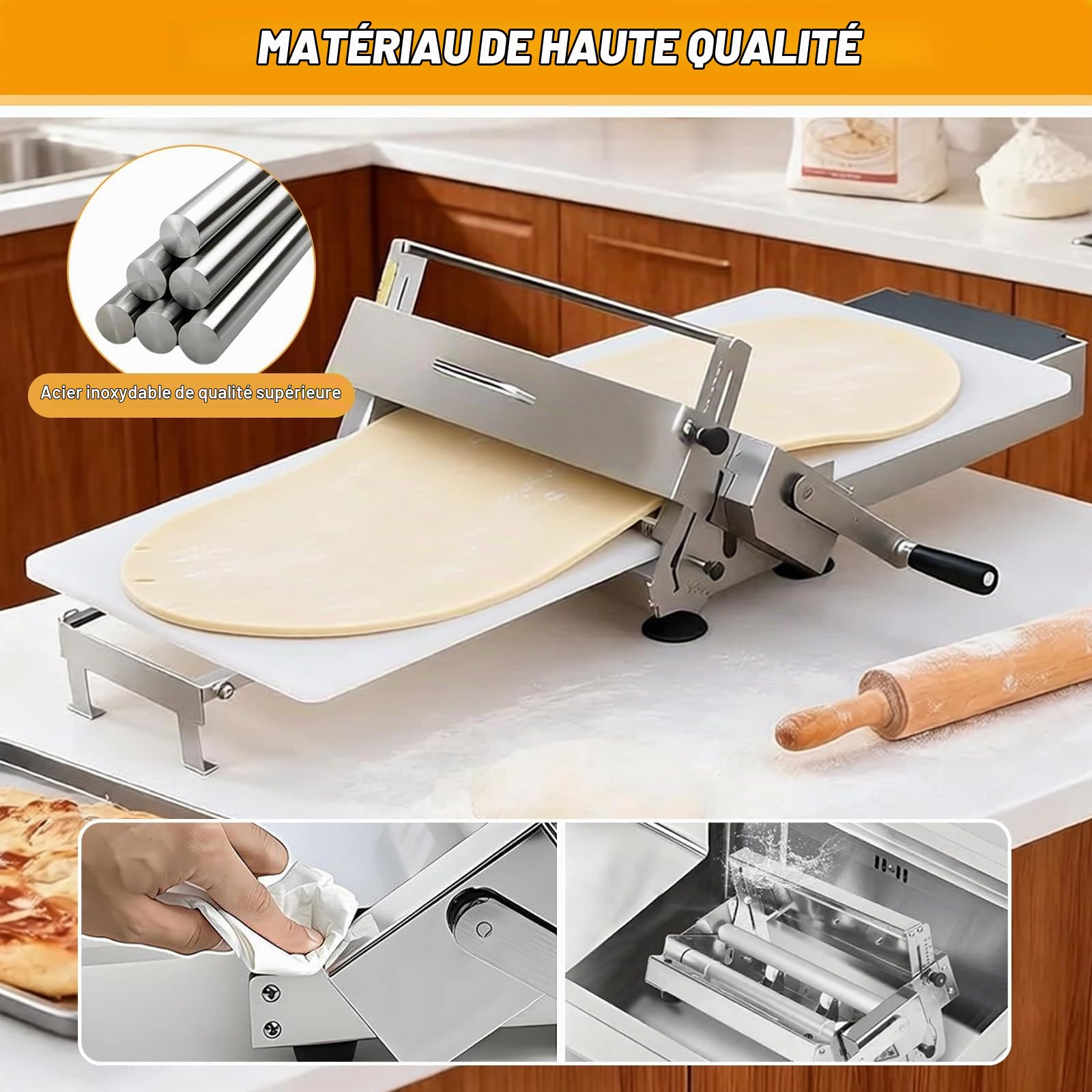 Laminoir à Pâte Pliable Professionnel Laminoir Patisserie Manuel avec épaisseur Réglable 0-25 mm Laminoir à Pâte Feuilletée en Acier Inoxydable pour Croissant Pizza Pain Pâtisserie Boulangerie