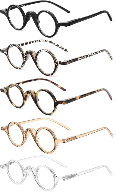 JM 5 Pack Rond Bleu Lumière Blocage Verres de lecture Vintage Petites Femmes Hommes , Anti Bleu Lumière, Charnières de printemps, lecteurs d'ordinateur