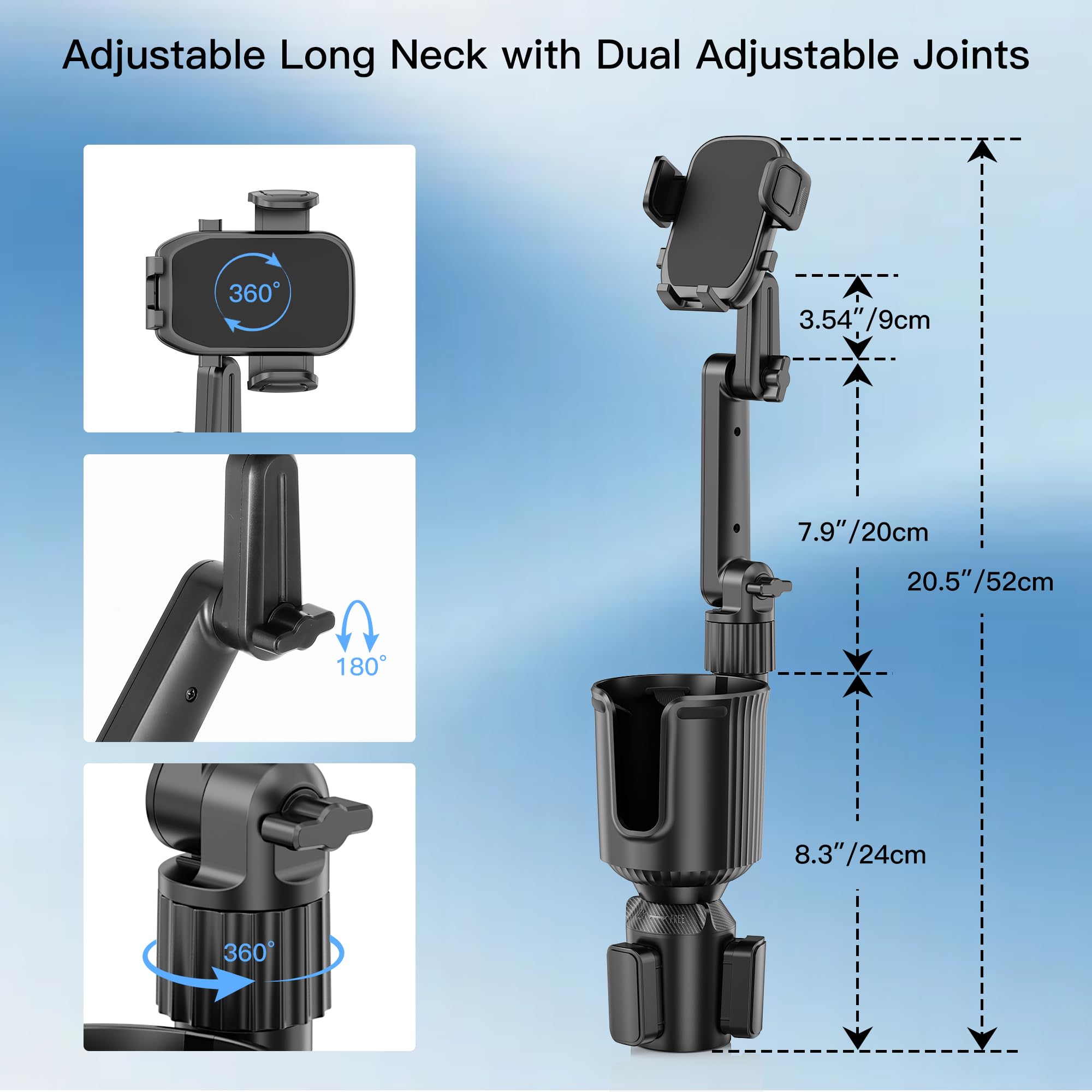 Supporto per telefono con portabicchieri, espansore per telefono da 52,1 cm, altezza regolabile, braccio lungo con rotazione a 360°, per auto, adatto a tutti gli smartphone da 4 a 7 pollici