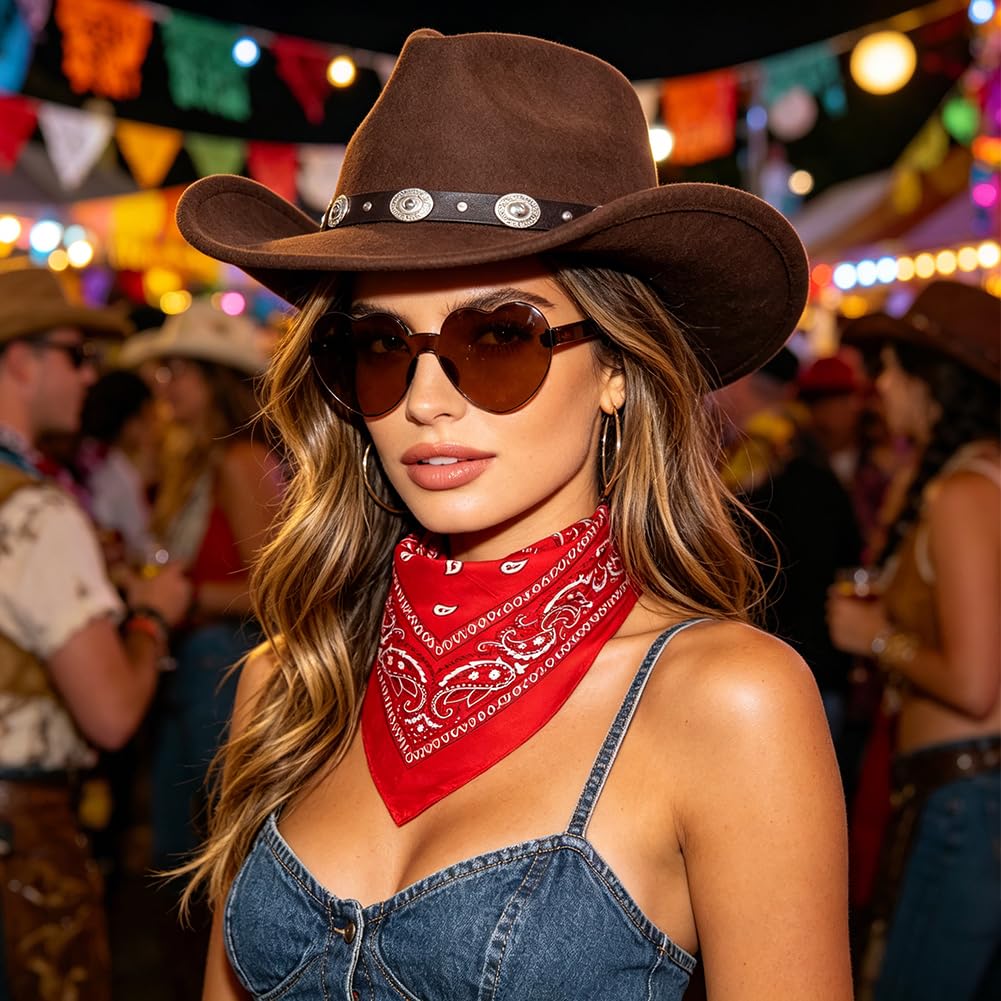 Sombrero Vaquera 3 Piezas Sombrero de Vaquero Accesorios Sombreros Vaquero del Oeste Traje Sombreros Vaquera con Pañuelo Cuadrado y Gafas para Vacaciones Fiestas Temáticas — view 8
