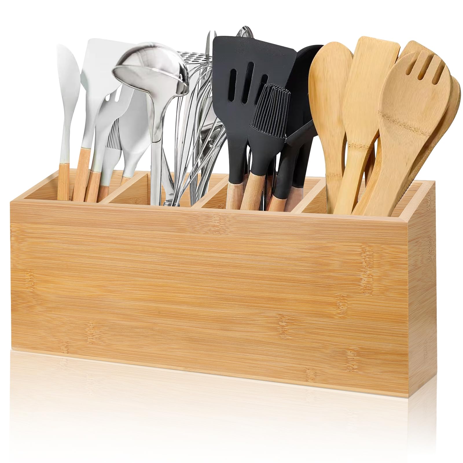 BambooZEN Large Utensils Holder with 4 Compartments, Bamboo Utensil Organizer for Kitchen Countertop, Farmhouse Kitchen Decor, Rustic Cooking Utensil with sticky notes