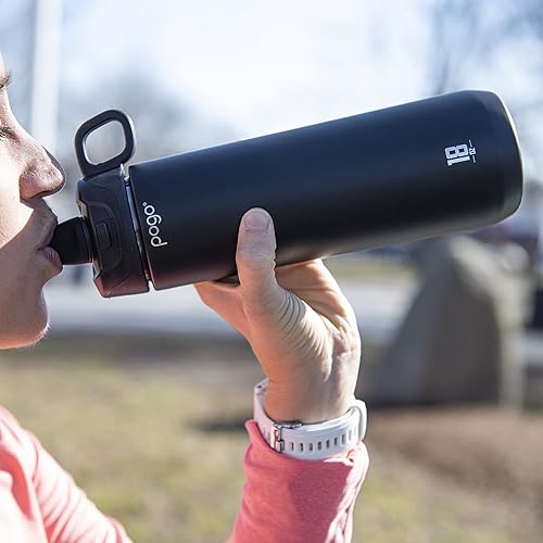 Miniatura 5 de Pogo Botella de agua activa de acero inoxidable aislada al vacío con tapa a prueba de fugas y asa de transporte de silicona, recubrimiento en polvo,