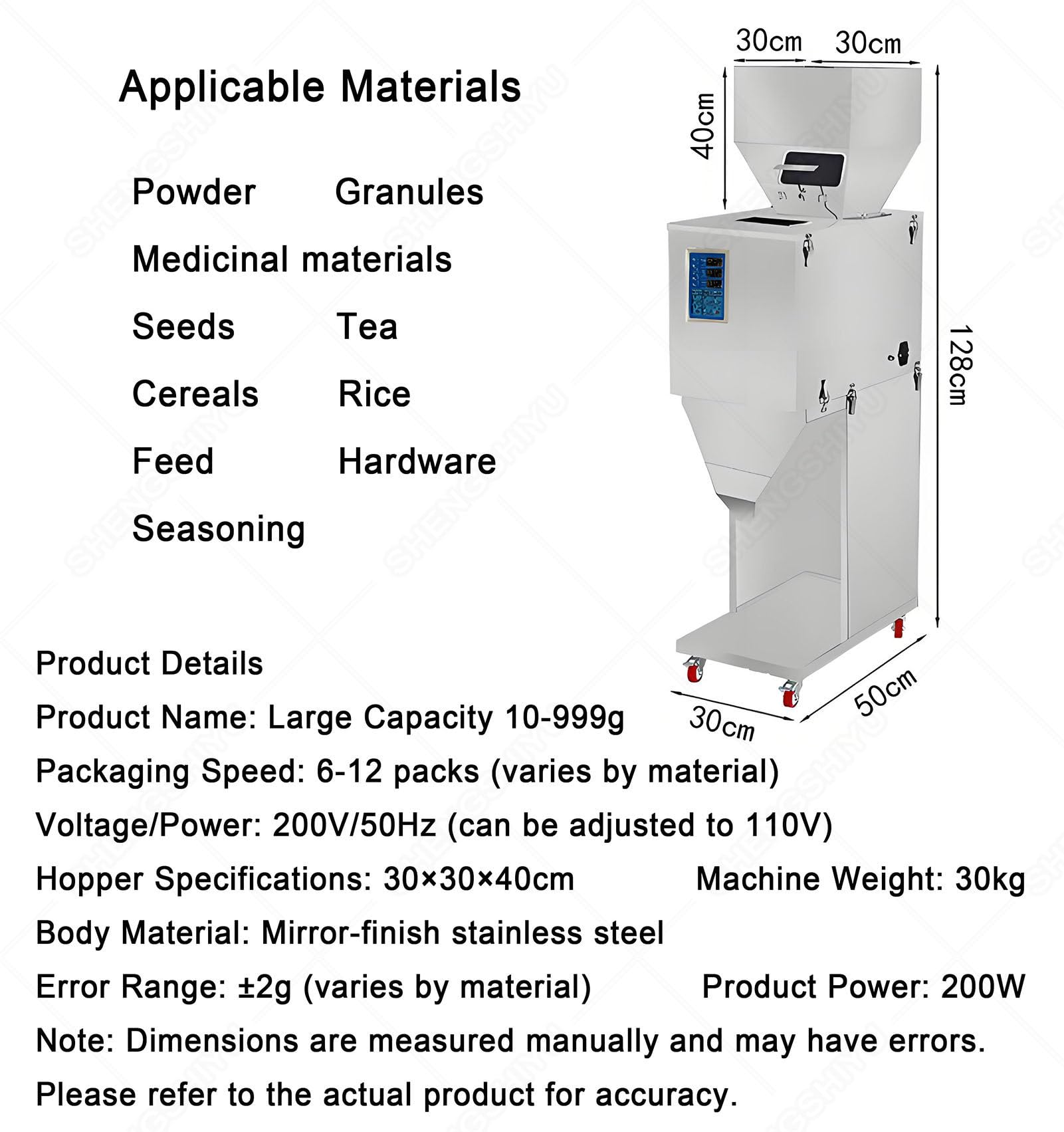 Macchina di rifornimento automatica della polvere di pesatura, 10-999g/10-1500g/10-3000g, controllo del pedale del piede, 6-12 sacchetti/min, riempitrice multifunzione