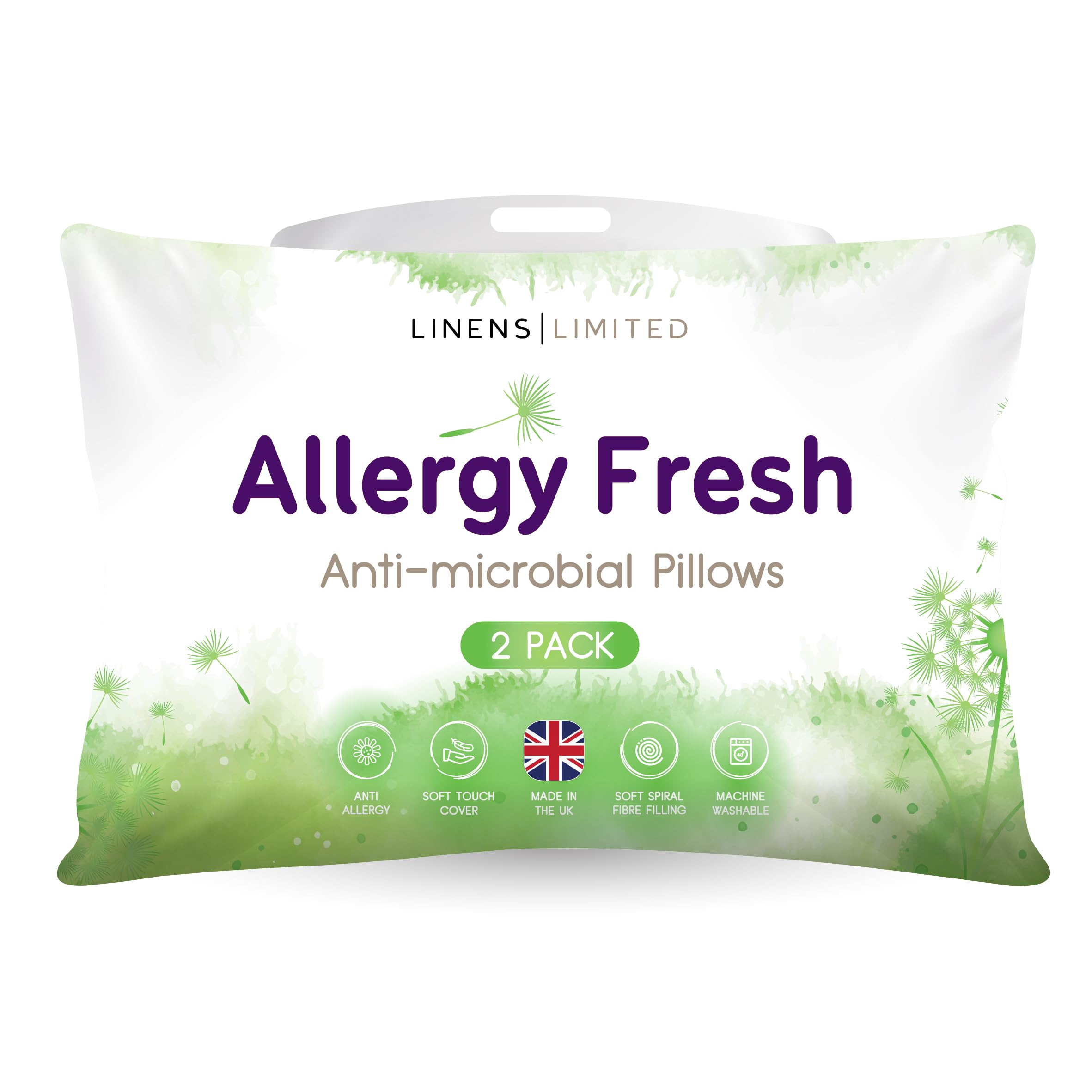 Linens Limited White - Soft Pillows 2 Pack, Made In The Uk, Allergy Fresh, Soft And Firm With Orthopedic Support, Anti Allergy Hollowfibre, Machine Washable (White)