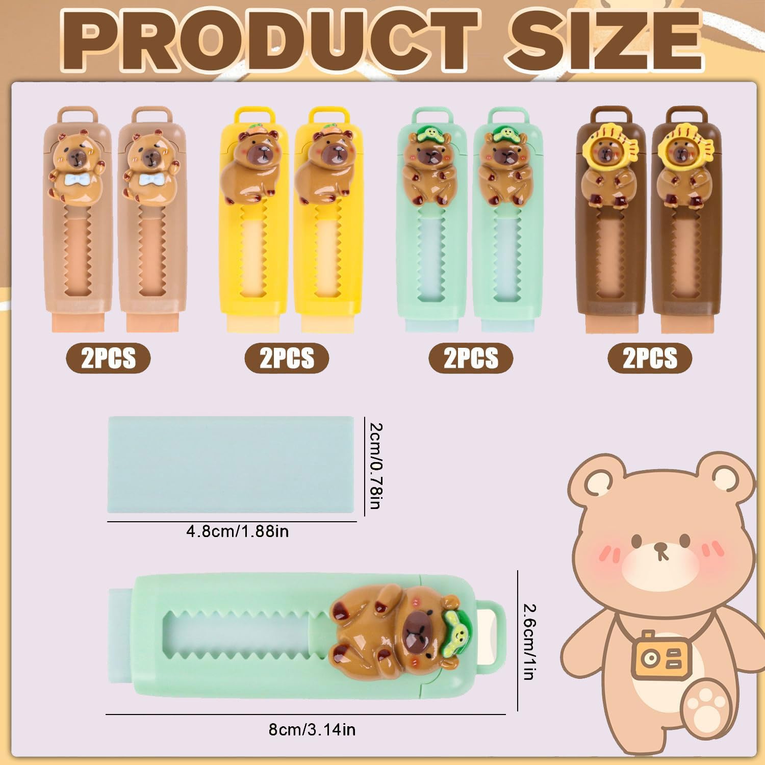 Gomma per Cancellare Retrattile Push-Pull 8 Pezzi Capybara Design per Bambini Scuola Ufficio Regalo