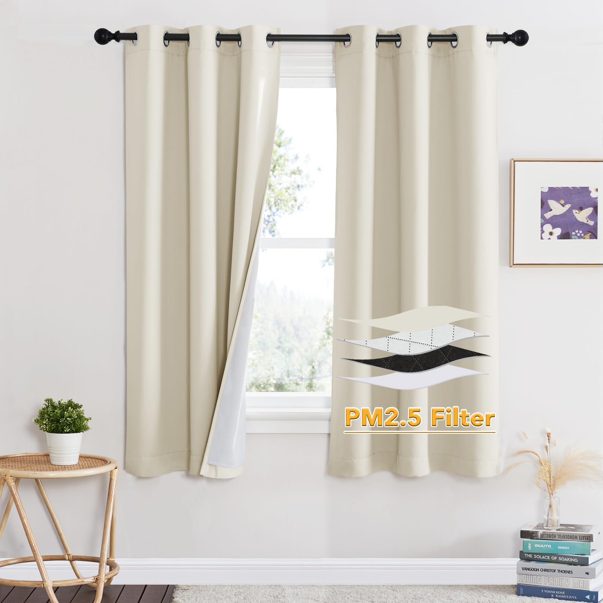 RYB HOME Soundproof Curtains for Bedroom, PM2.5 Particle Filter 100% Blackout Energy Saving Small Window Curtains for Baby Nursery Living Room Home Office, Beige, W 42 x L 63 inches, 2 Pcs