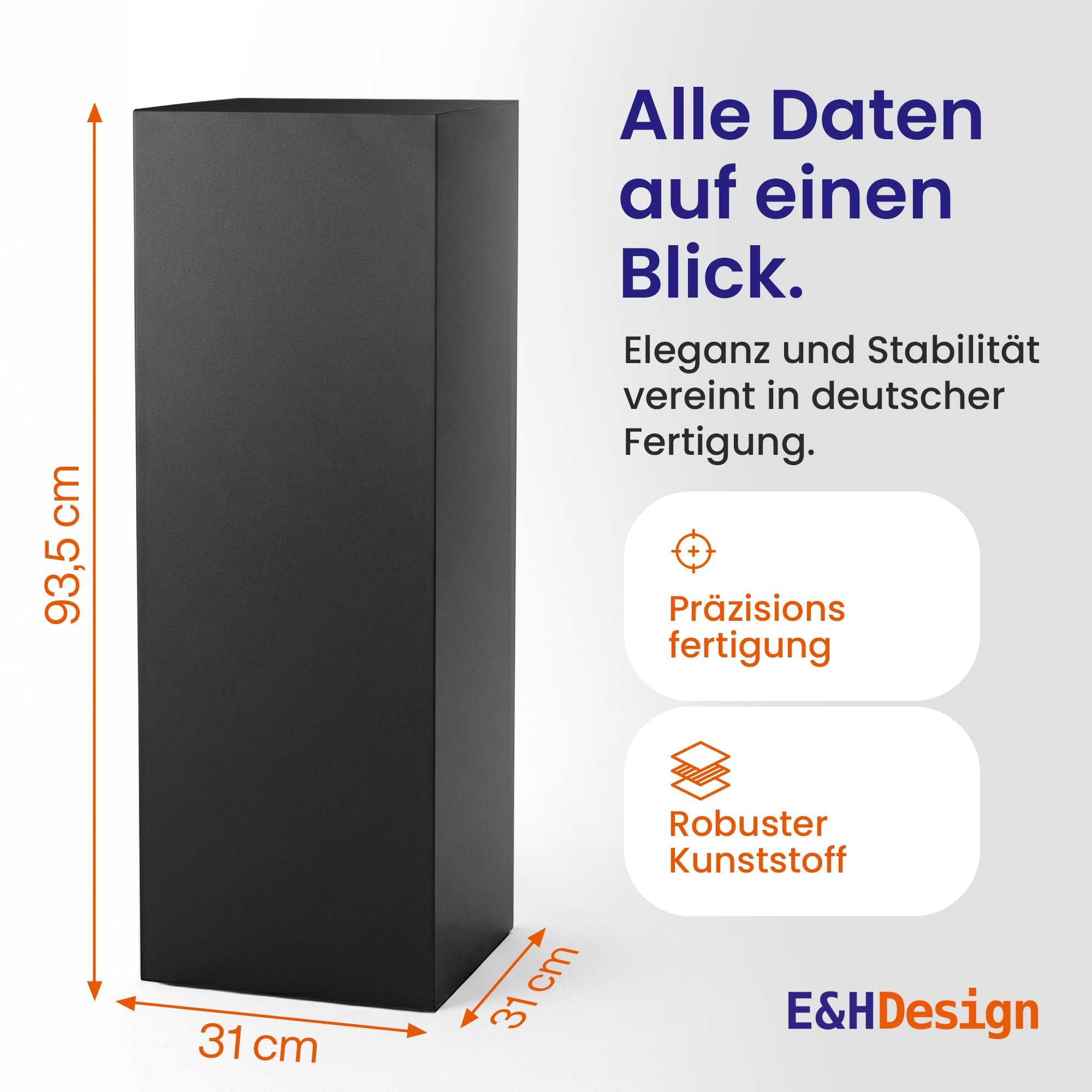 E&H DESIGN Präsentationssäule Schwarz ohne Acrylhaube – Podest & Dekosäule 93,5 cm – Galeriesockel für Skulpturen und Exponate – Schaufenster Vitrine – Ohne Montage