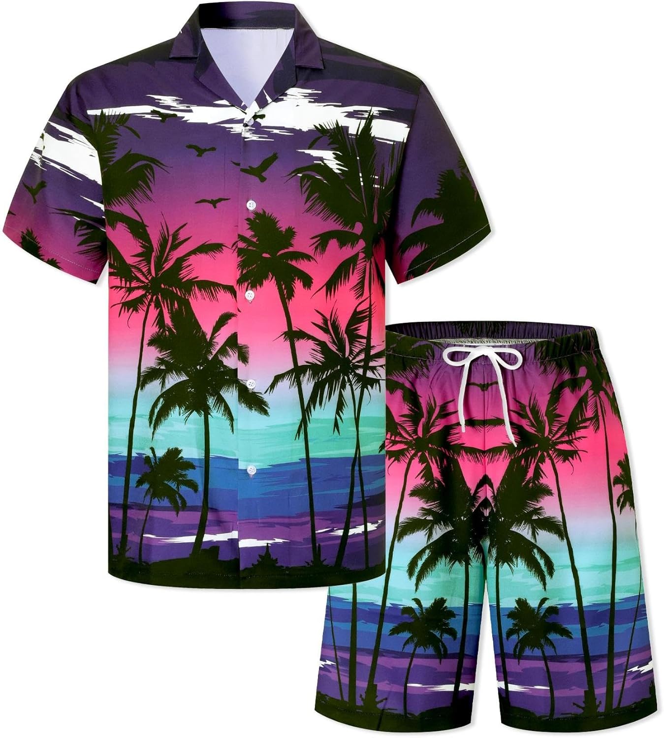 Cromoncent Boy and Men Hawaiian Outfits Short Sleeve Shirts and Shorts Hawaiian Suits Beach Tropical 2 Pcs Vacation Sets