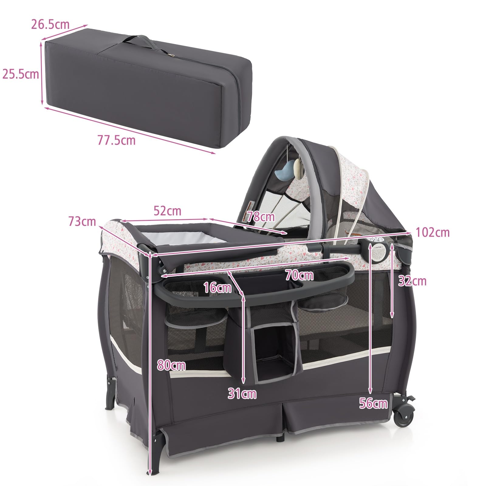 LIFEZEAL Cuna Bebe Plegable con Colchón, Cuna Colecho con Juguetes Montessori y Reproductor de Música, Bebe Bed con Cambiador y Ruedas, Carga 15 kg