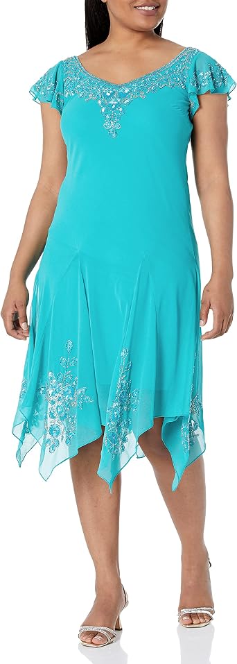 J Kara Womens Petite Flutter Sleeve Hanky Hem Short Cocktail Beaded DressSpecial Occasion Dress