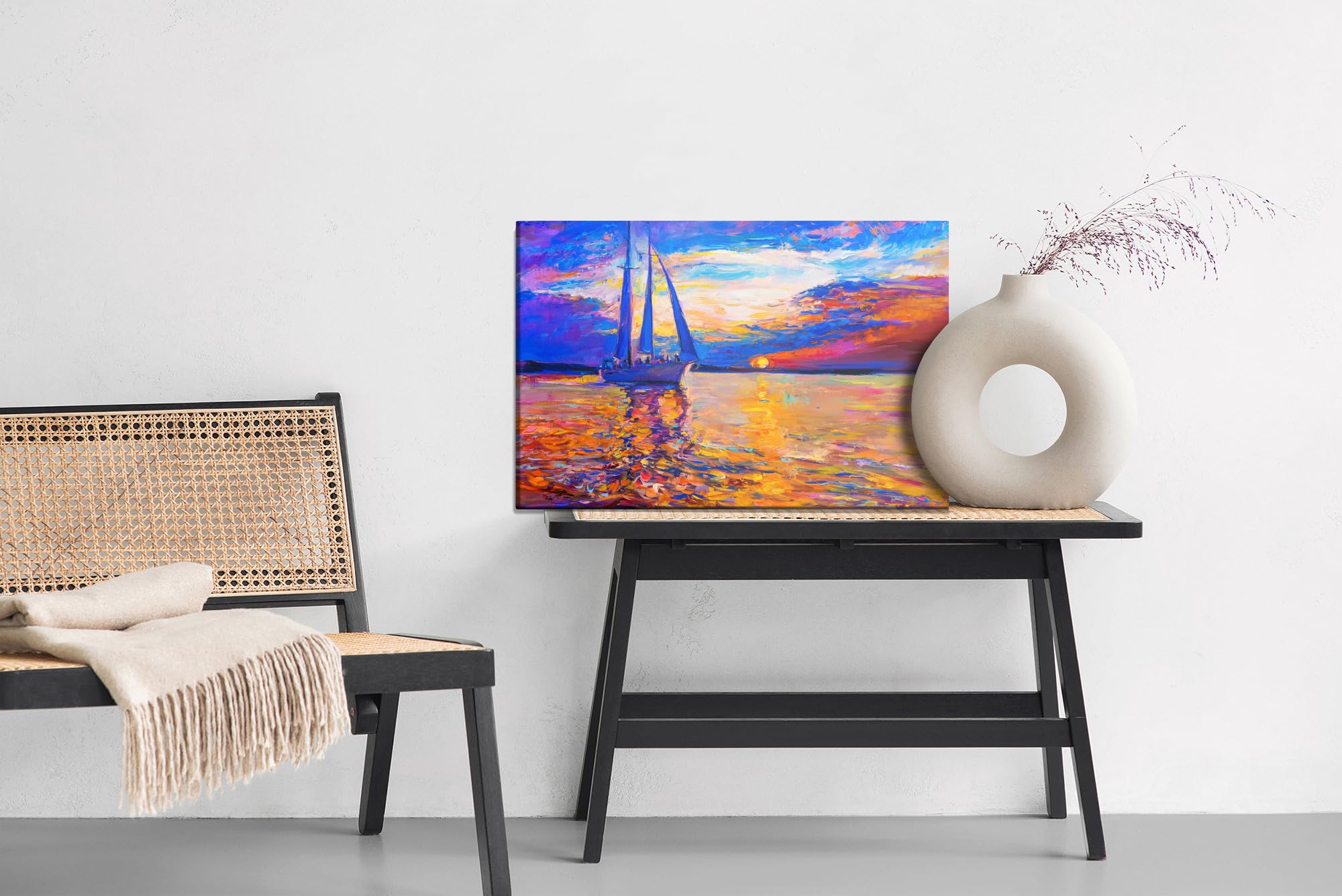 WALLERO HandArt Leinwandbild Farbiger Sonnenuntergang am Meer – mit Struktur-Effekt | Kunstbilder wie handbemalte Wandbilder für Wohnzimmer Schlafzimmer Flur 70x50