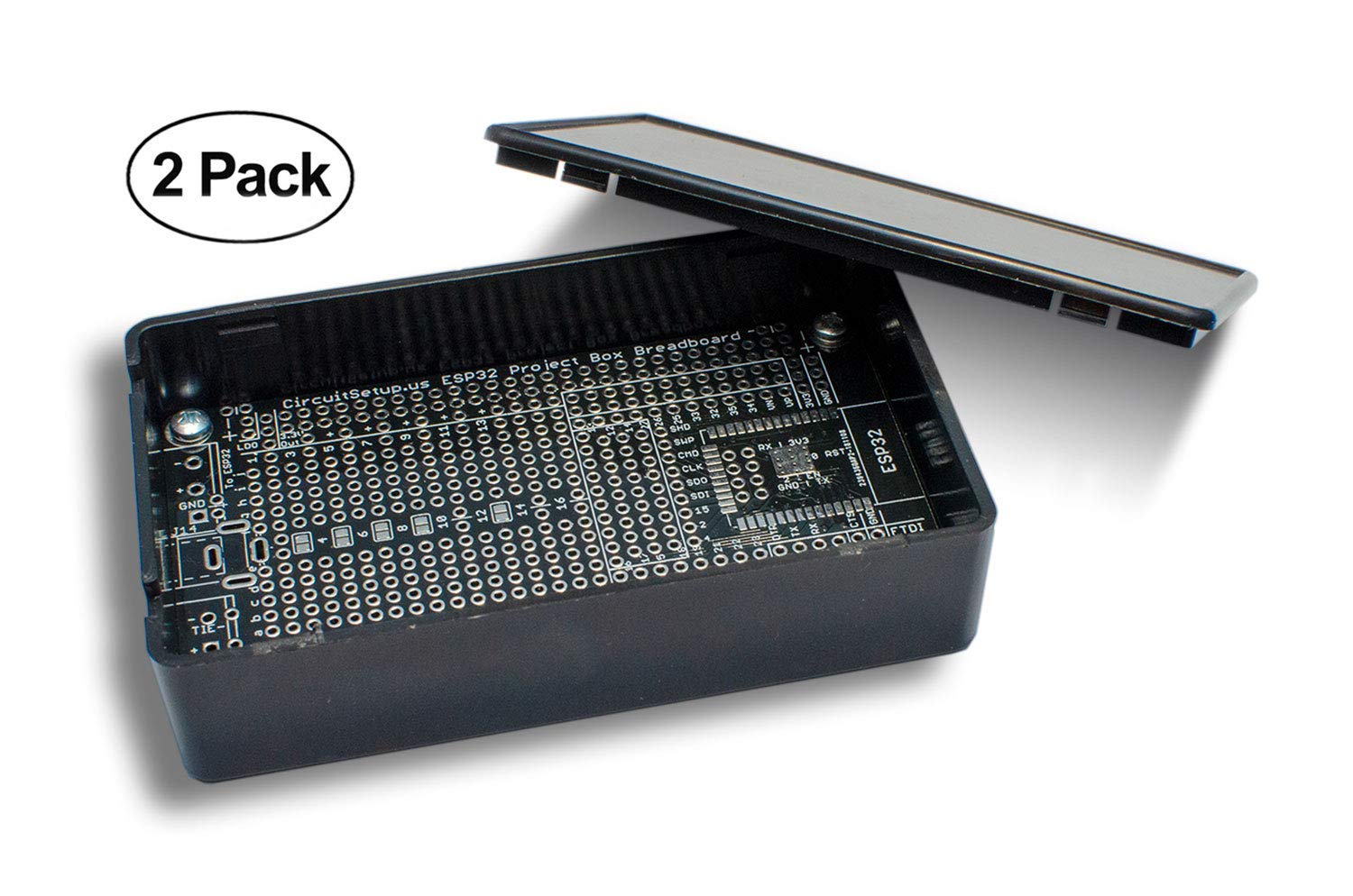 Solderable Breadboard PCB & ESP32/ESP8266 Module Breakout for IoT Prototyping - with 3.94" x 2.375" x 1.0" (100x60x25mm) Project Box (ESP 2 Pack w/ Box)