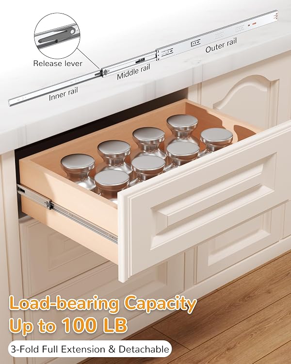 Chibery 18 Inch Side Mount Soft Close Drawer Slides, 6 Pairs Heavy-Duty Full Extension Kitchen Cabinet Drawer, Metal Ball Bearing Smooth Slow Quiet Self Closing Dresser Glides Runners, 100LB Capacity by Chibery - Image 4
