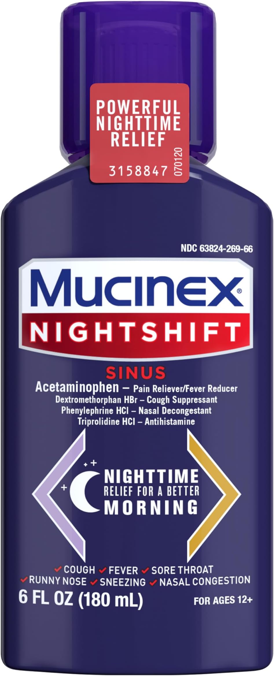 Nightshift Sinus, Cold And Flu Cough Medicine For Adults, Powerful Nighttime Sinus Medicine For Sinus Relief, Sore Throat Relief, Cough Suppressant & Nasal Decongestant For Adults, 6 Fl Oz